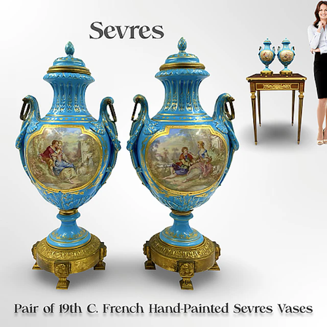 A Pair of 19th C. French Sevres Hand-Painted Porcelain Lidded Vases
