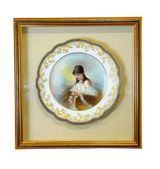 19th C. Hand Painted Porcelain Framed Decorative Wall Plate