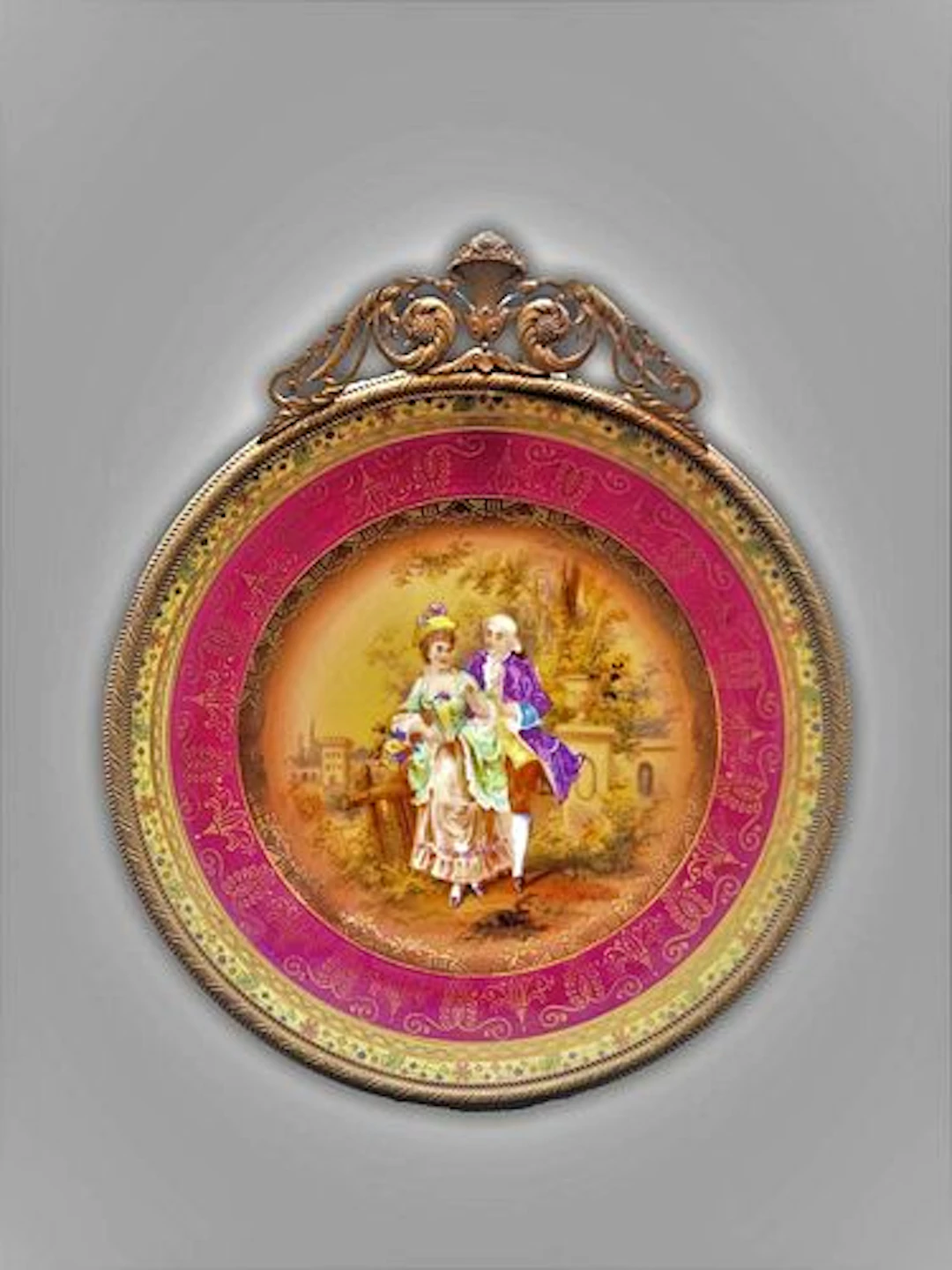 19th C. Hand Painted Bronze Framed Decorative Wall Plate