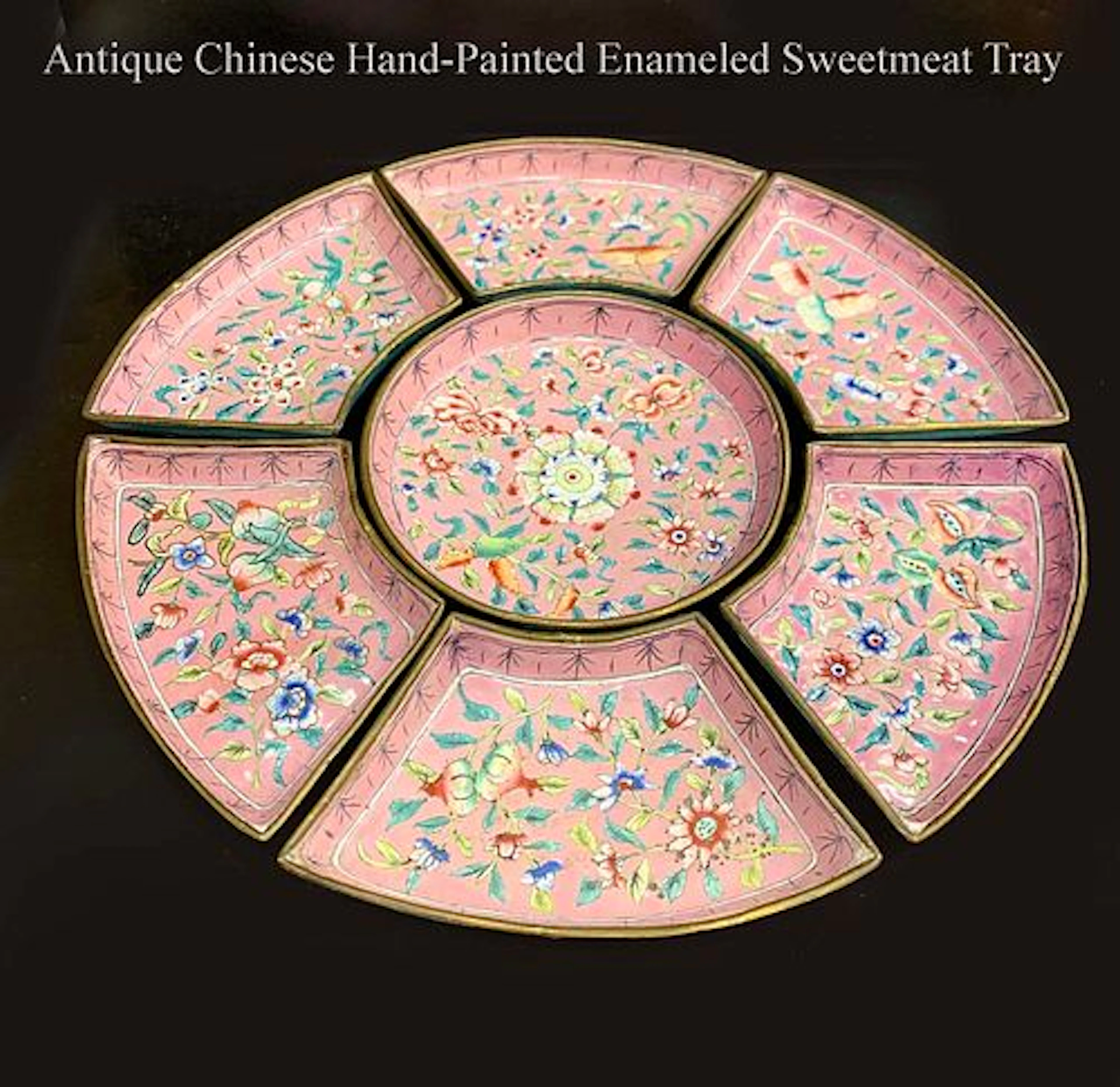 Antique Chinese Hand Painted Pink Enameled Sweetmeat tray