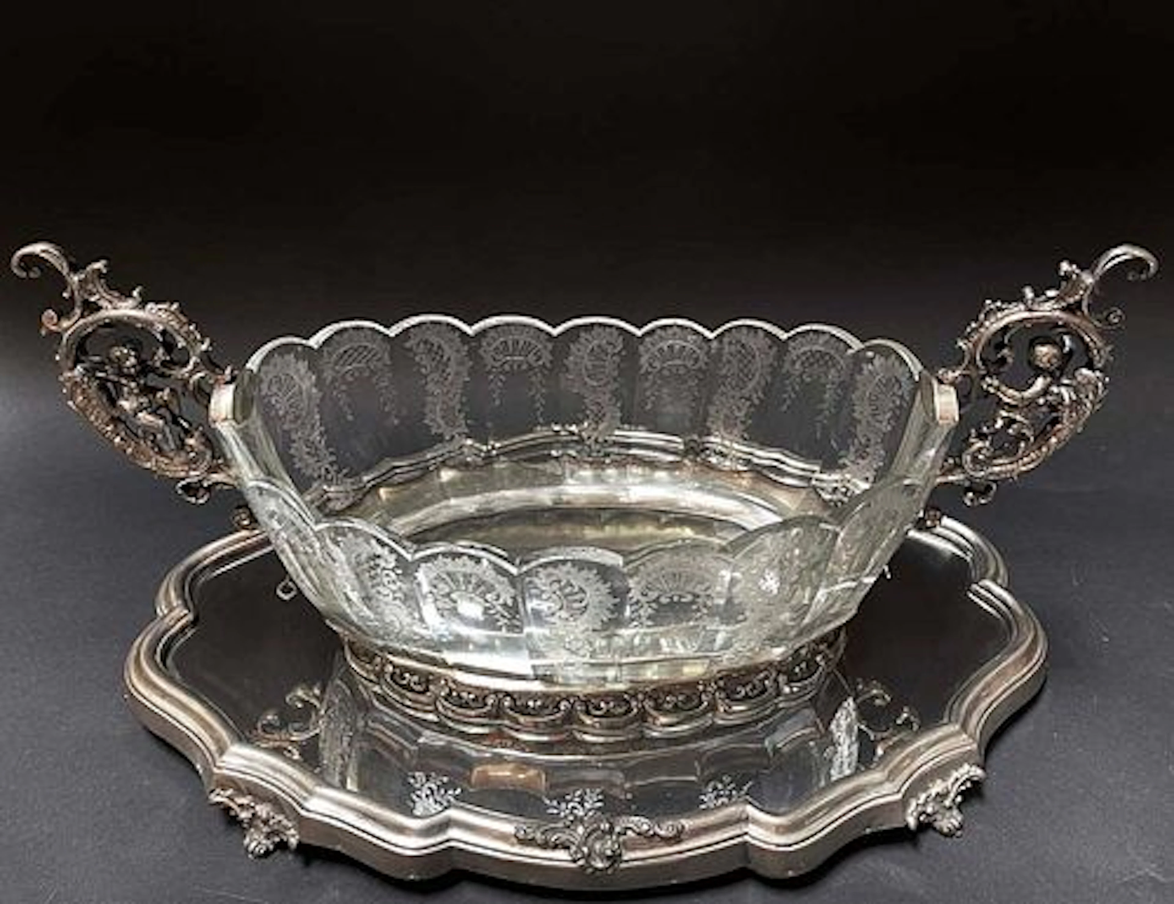 19th C. German Figural 800 Silver & Baccarat Crystal Centerpiece On Plateau