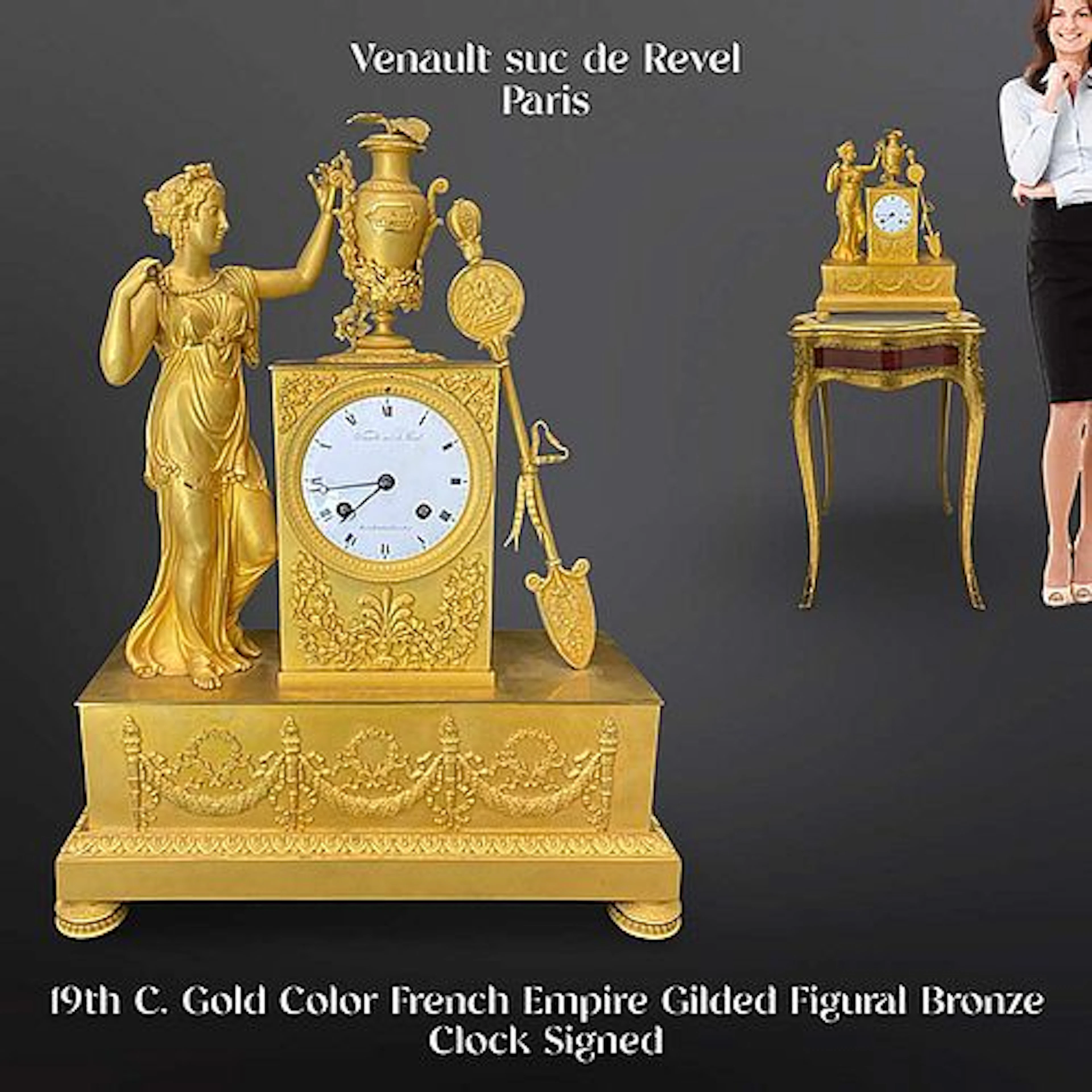 19th C. French Empire Style Figural Gilt Bronze Clock, Signed