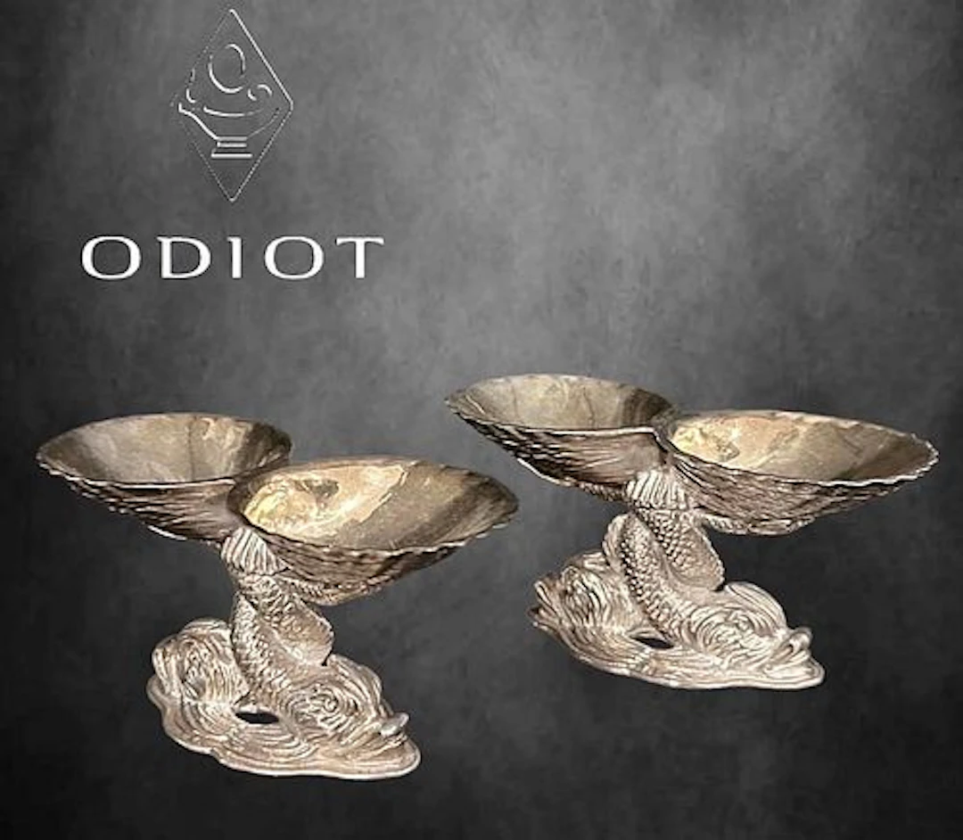 Rare Pair Of 19th C. ODIOT Silver-Plated Cast Figural Salt Cellars