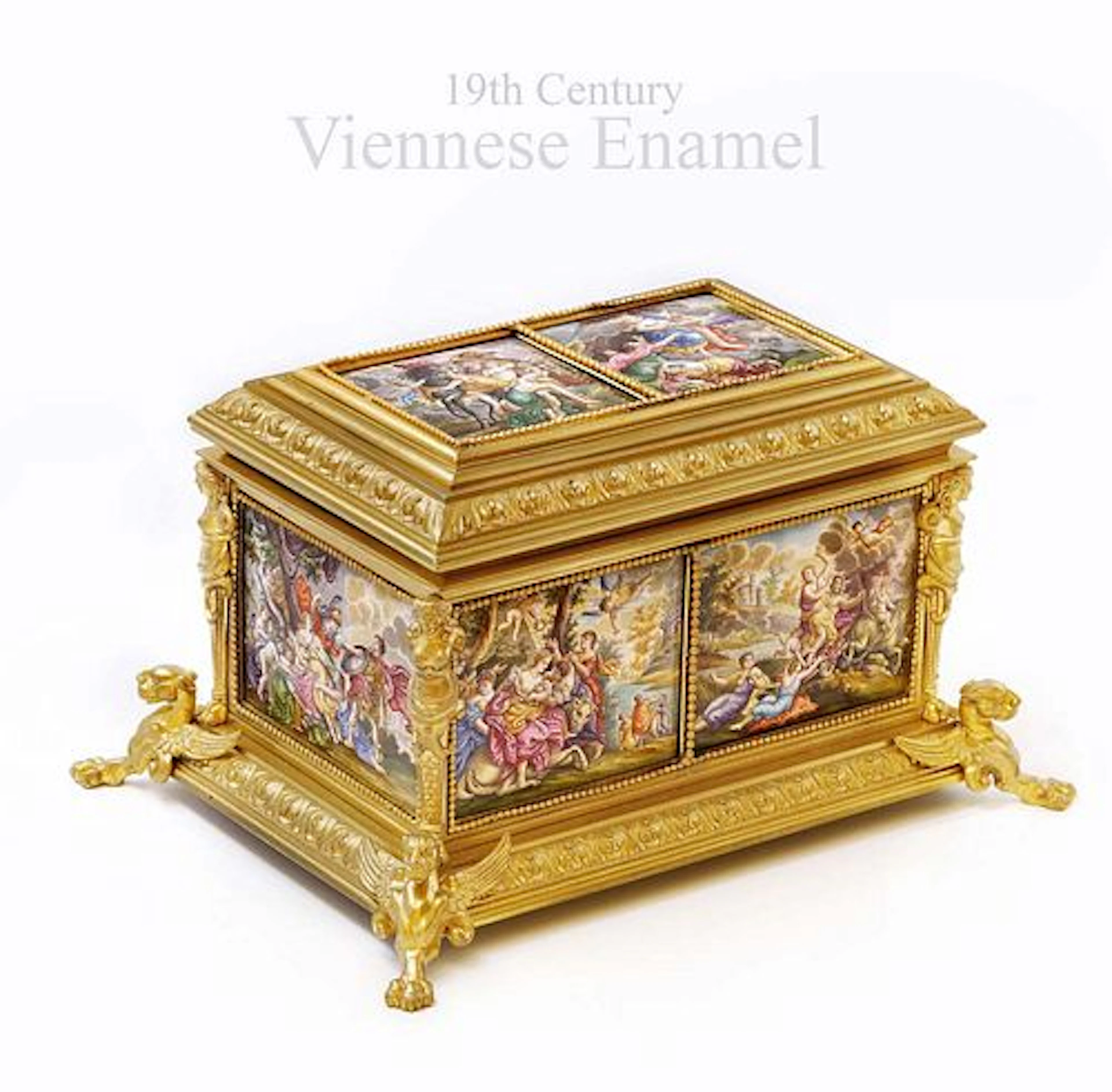 19th C. Viennese Hand Painted Plaques Figural Bronze Jewelry Box