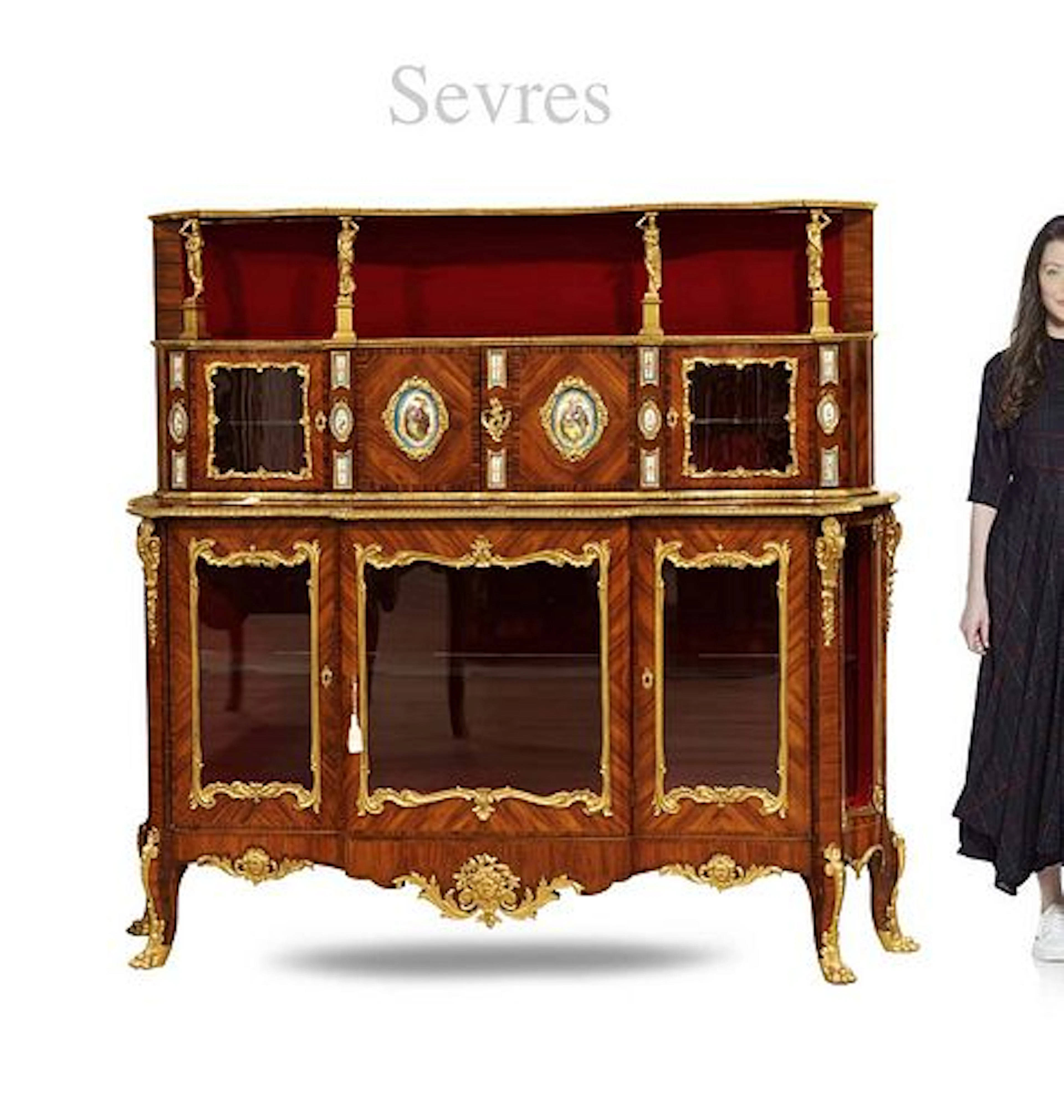 19th C. Sevres Hand Painted Porcelain Plaques Figural Bronze Vitrine Cabinet