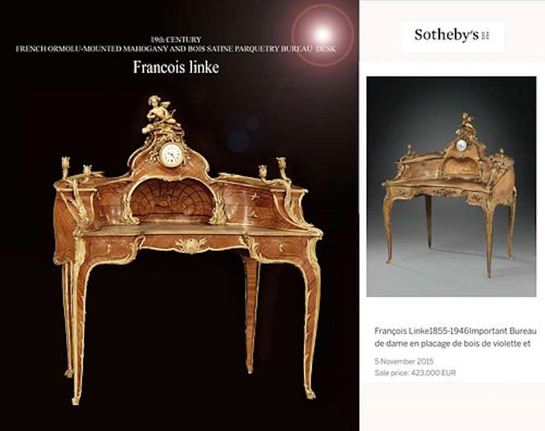 19th C. French F. Linke Bronze Mahogany Bois Parquetry Bureau Desk, Signed