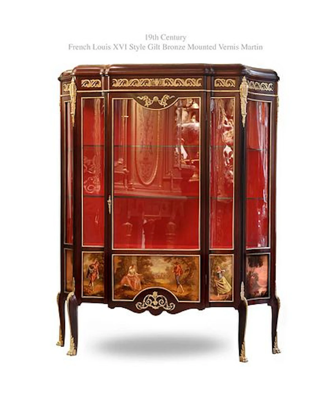 19th C. Louis XVI Style Gilt Bronze Mounted Vernis Martin Vitrine Cabinet