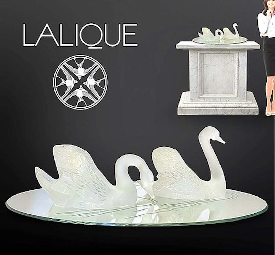 A Pair of Large Lalique Frosted Crystal Swans on Mirrored Plateau