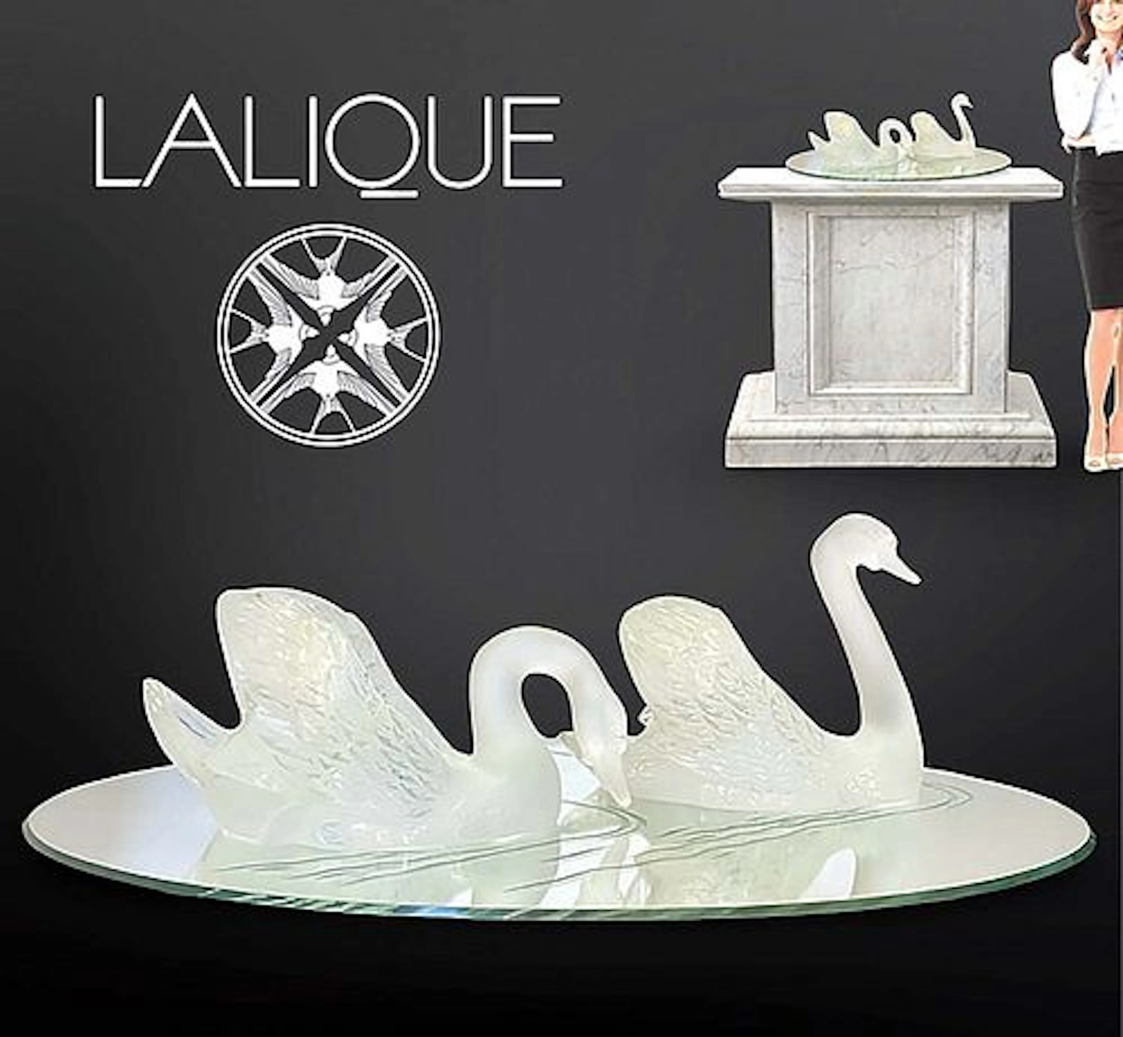 A Pair of Large Lalique Frosted Crystal Swans on Mirrored Plateau