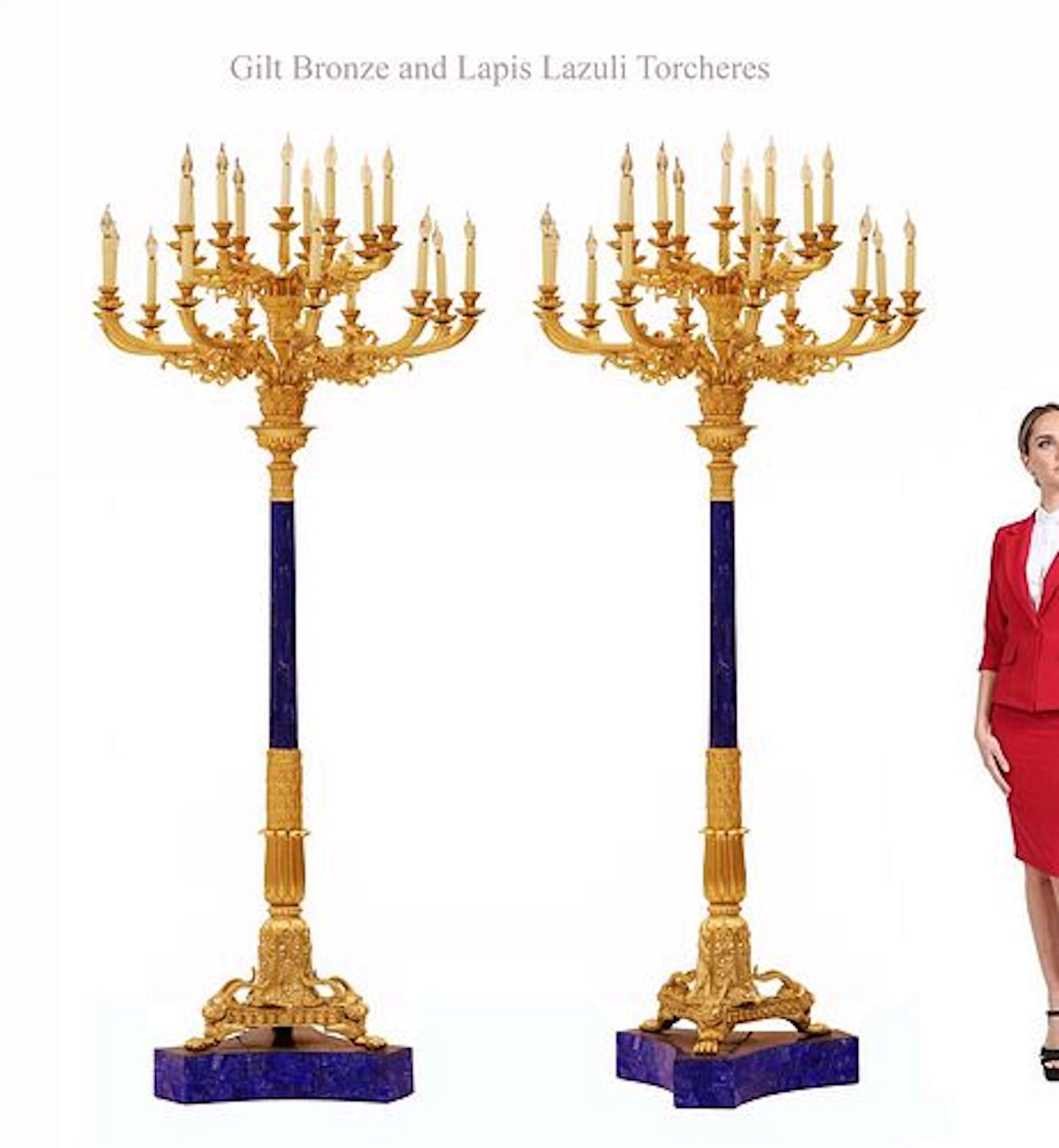 A Pair Of Monumental Lapis Lazuli Gilt Bronze 19-Light Torchieres