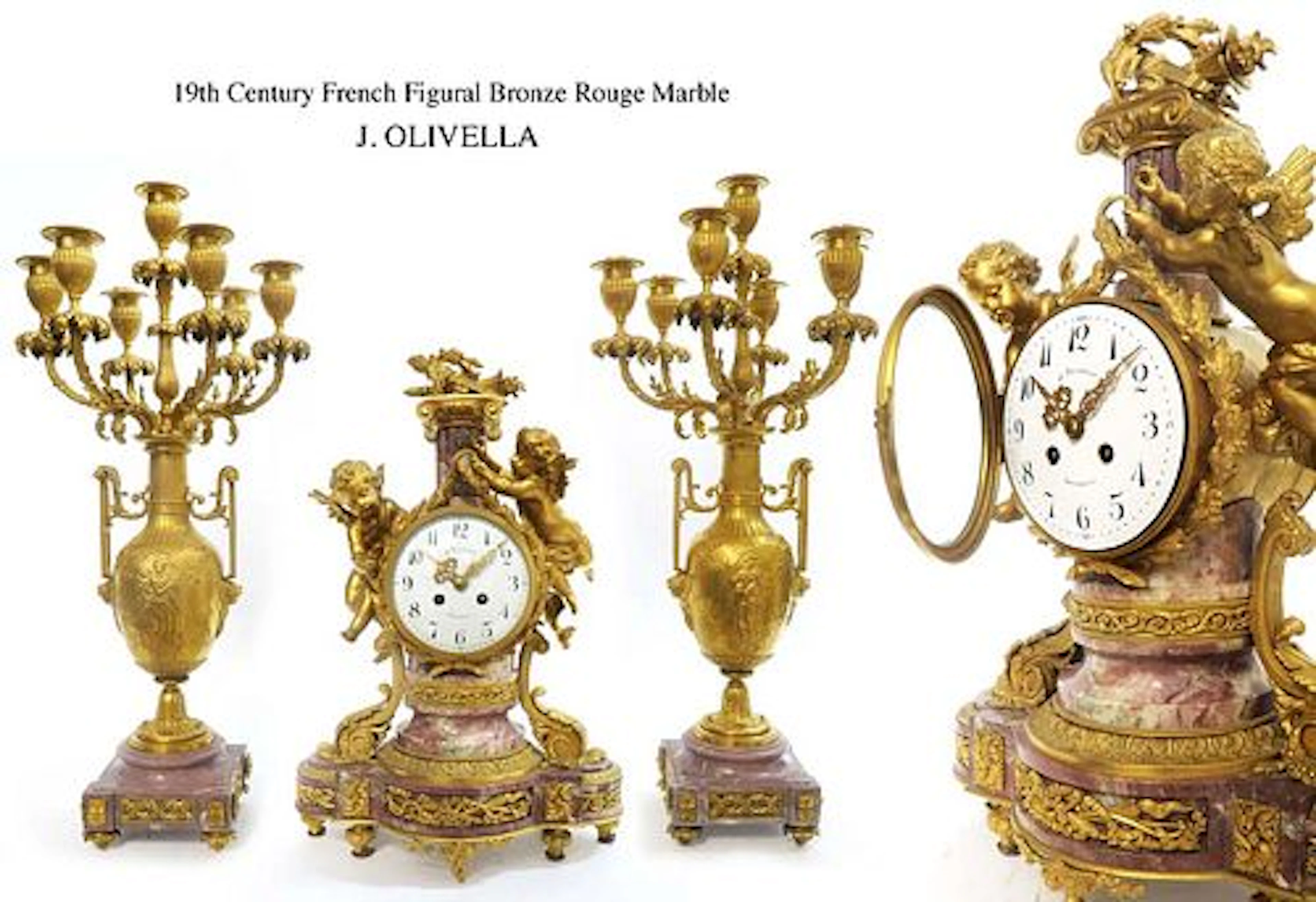 A Large 19th C. French J. Olivella Bronze Rouge Marble Figural Clock set