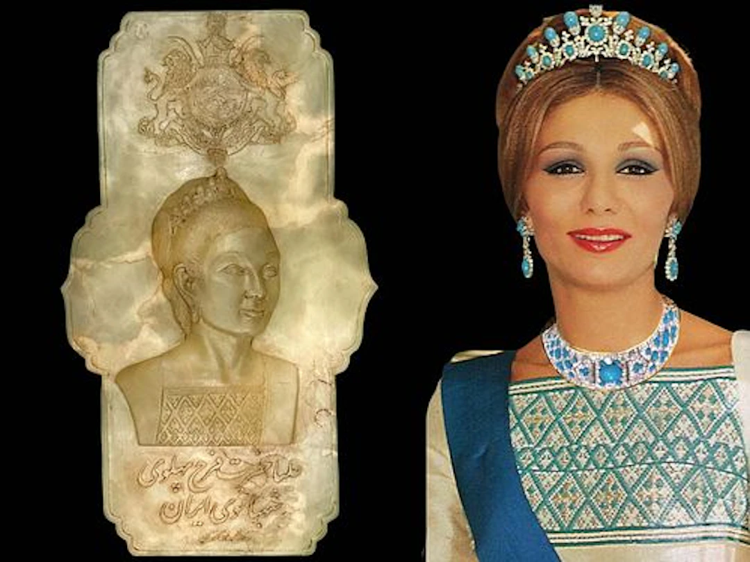 Iran Persian Queen Farah Pahlavi Portrait Carved Onyx Memorial Plaque