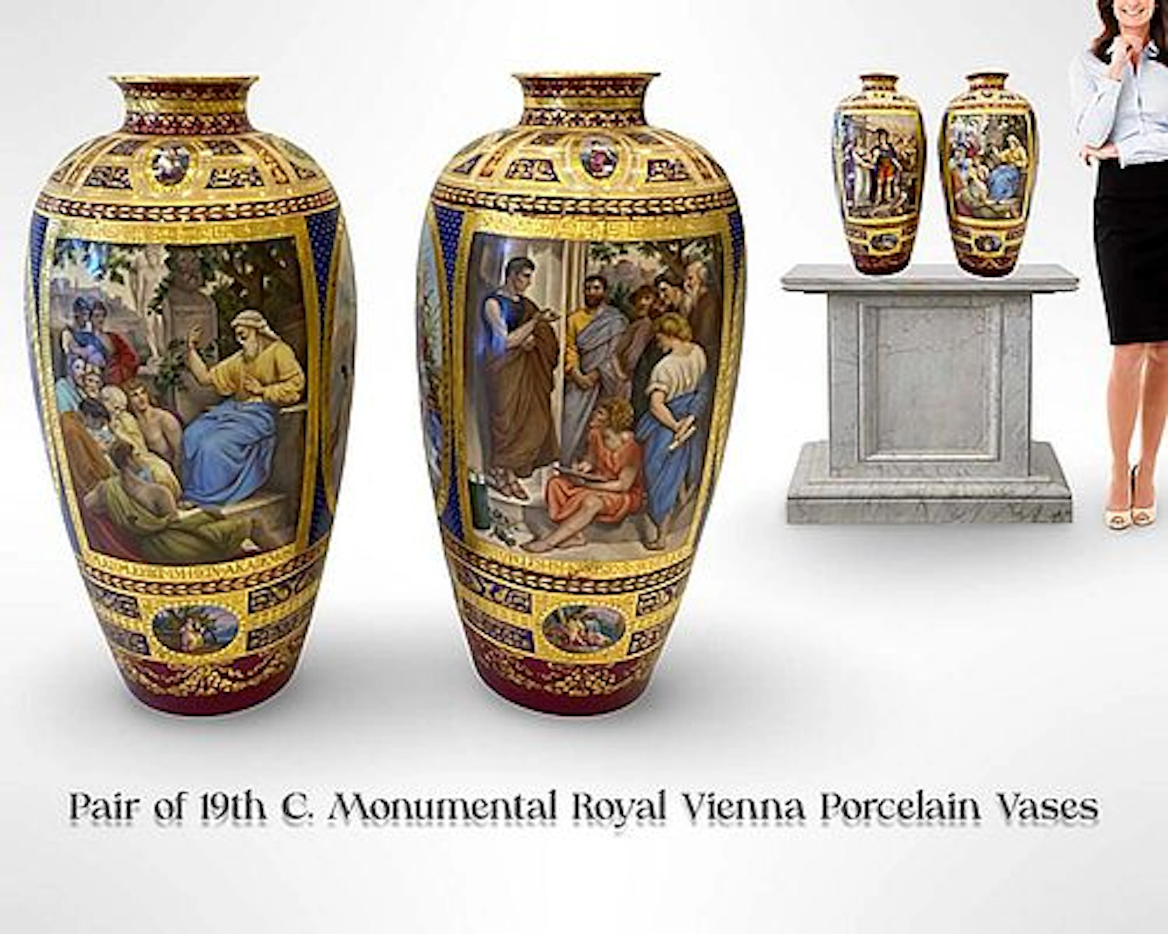 A Pair of Monumental 19th C. Royal Vienna Hand Painted Porcelain Vases