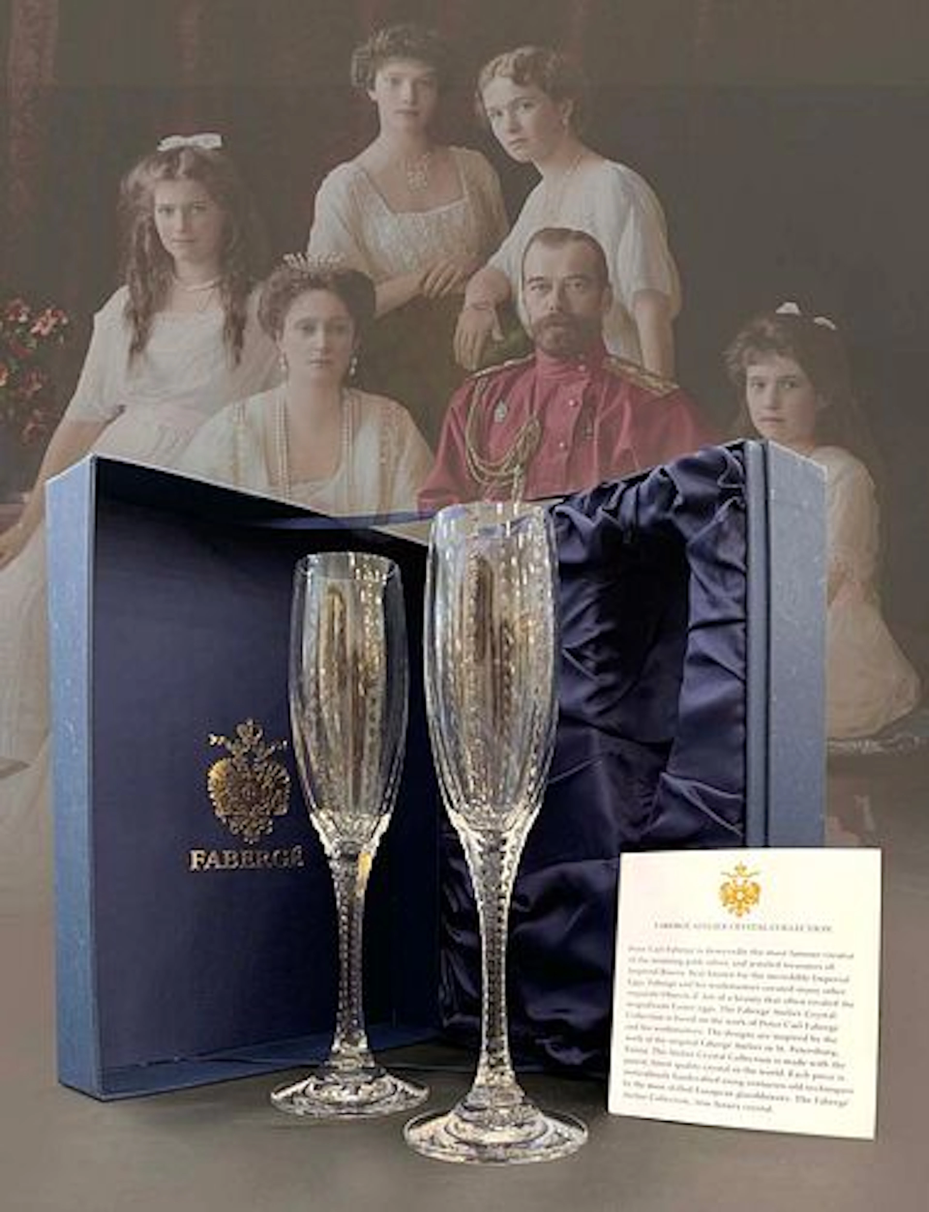 A Pair of The House of Faberge Atelier Crystal Champagne Flutes, Boxed