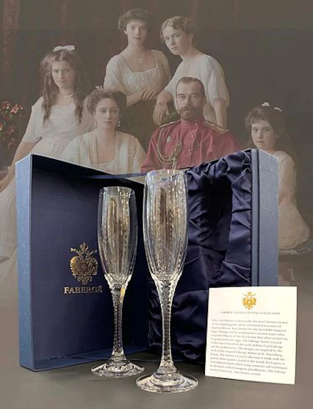 A Pair of The House of Faberge Atelier Crystal Champagne Flutes, Boxed