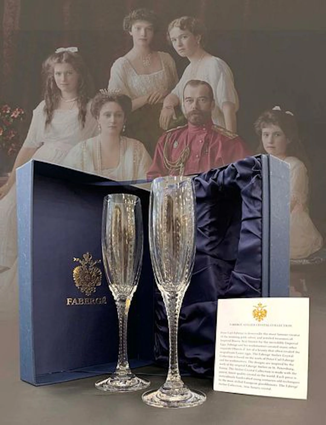 A Pair of The House of Faberge Atelier Crystal Champagne Flutes, Boxed