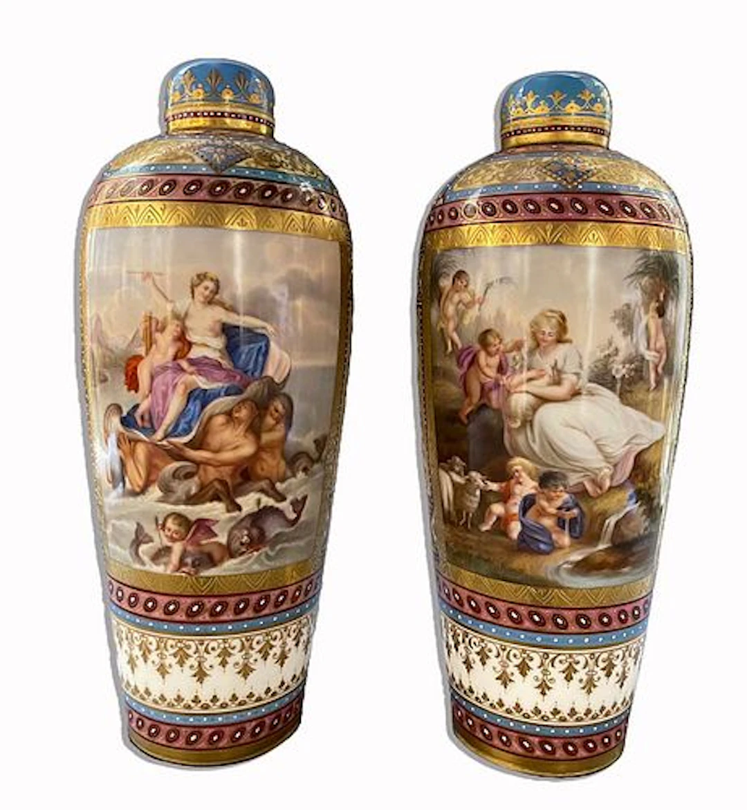 A Pair Of 19th C. Hand Painted Jeweled Royal Vienna Lidded Vases