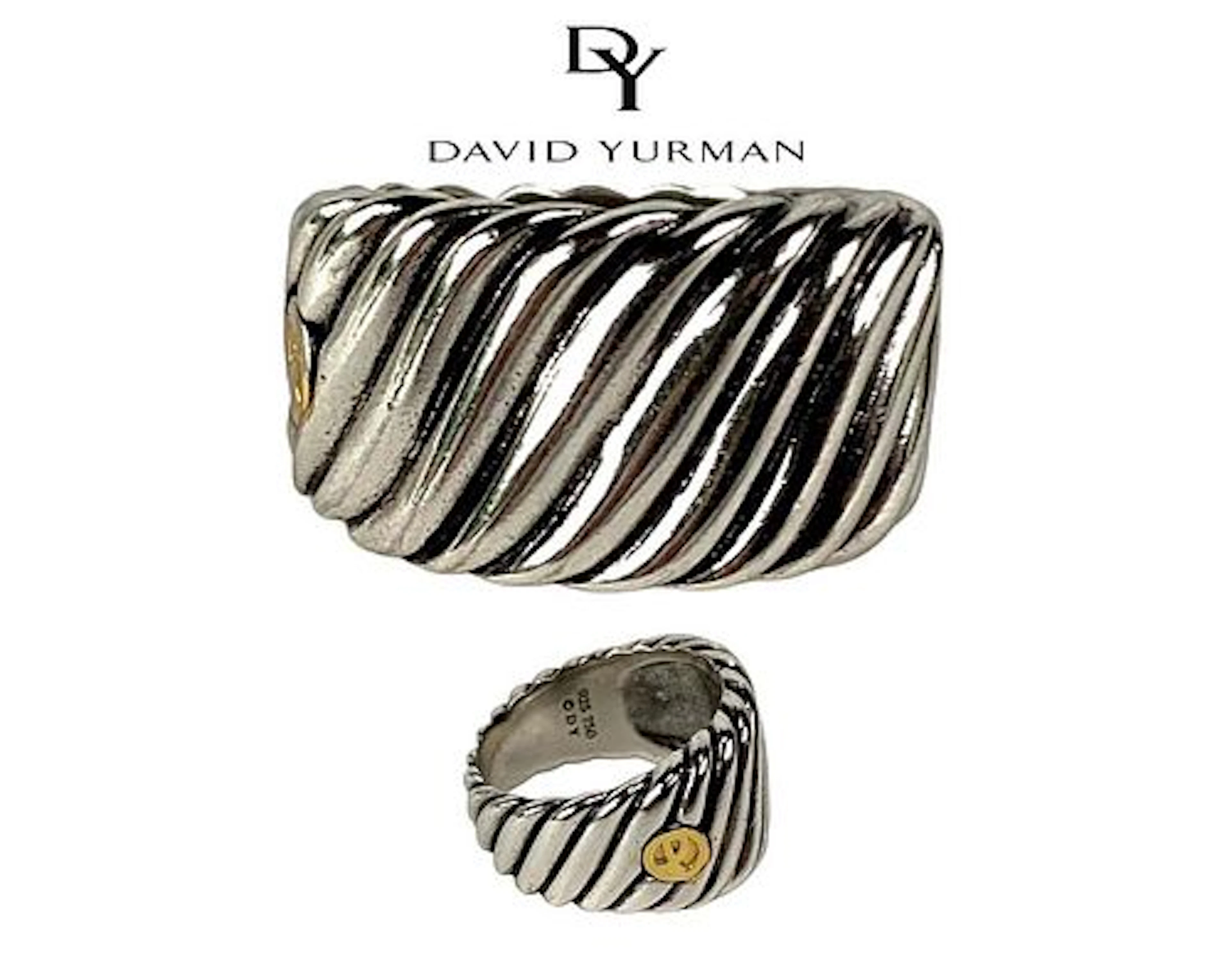 A David Yurman Sterling Silver 18k Gold Wide Band Ring, Hallmarked