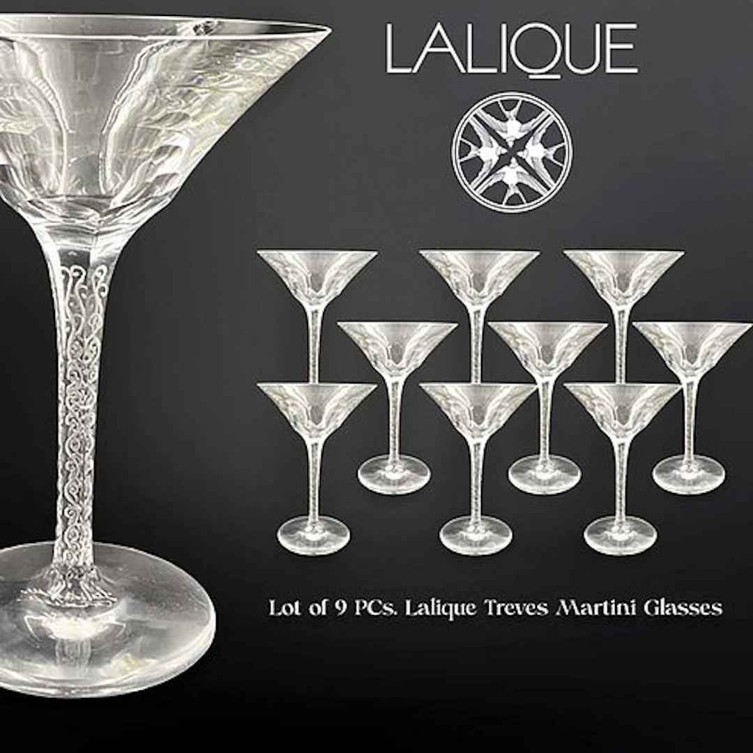 A Set of Nine Lalique Treves Martini Glasses, Signed
