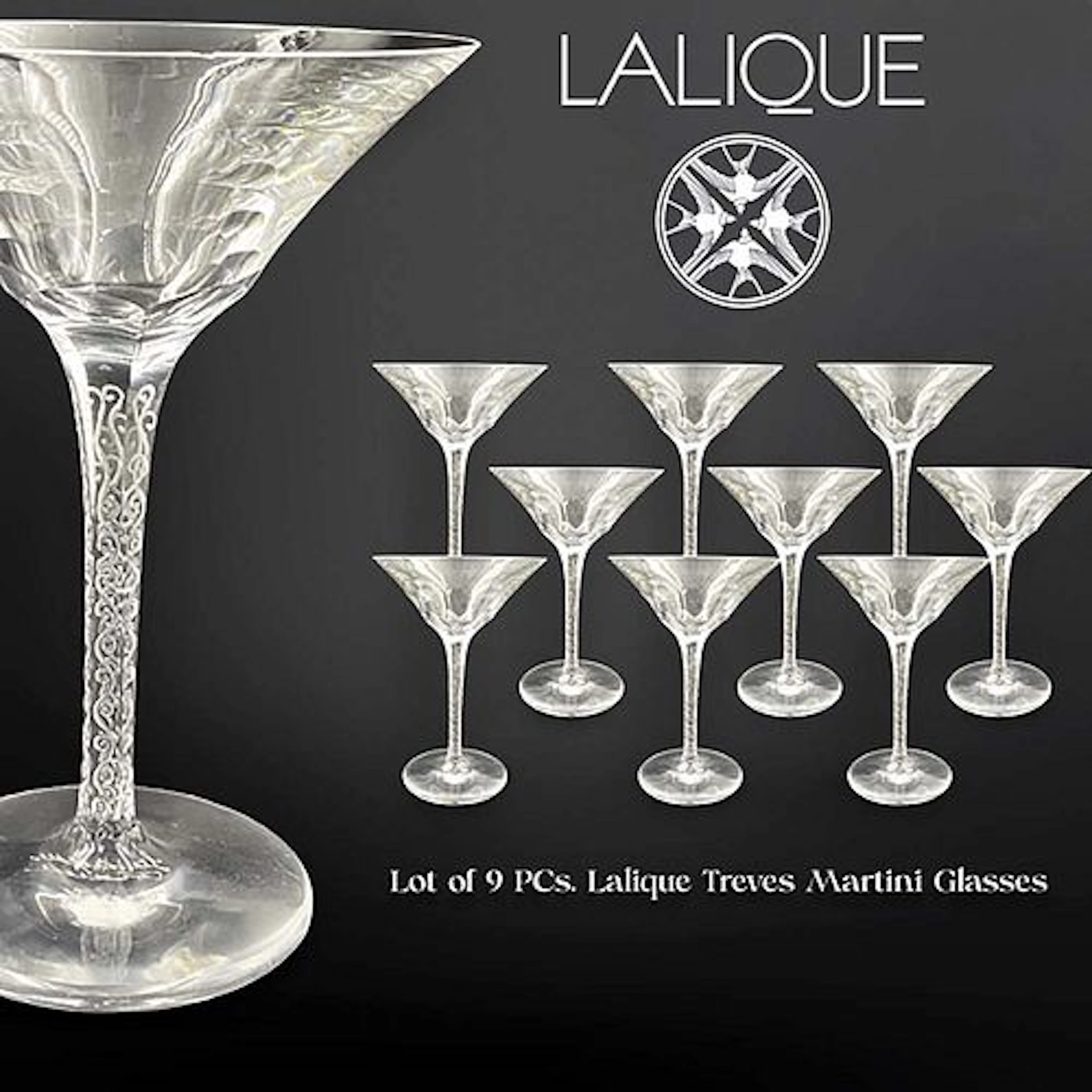 A Set of Nine Lalique Treves Martini Glasses, Signed