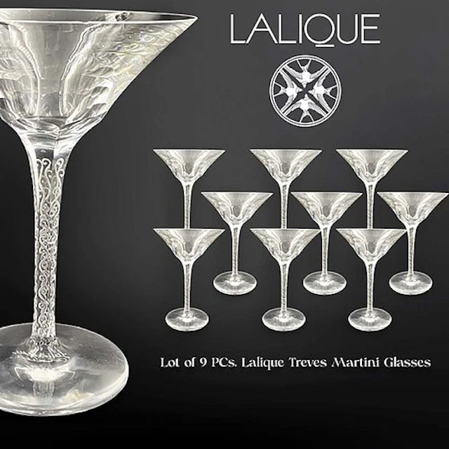 A Set of Nine Lalique Treves Martini Glasses, Signed