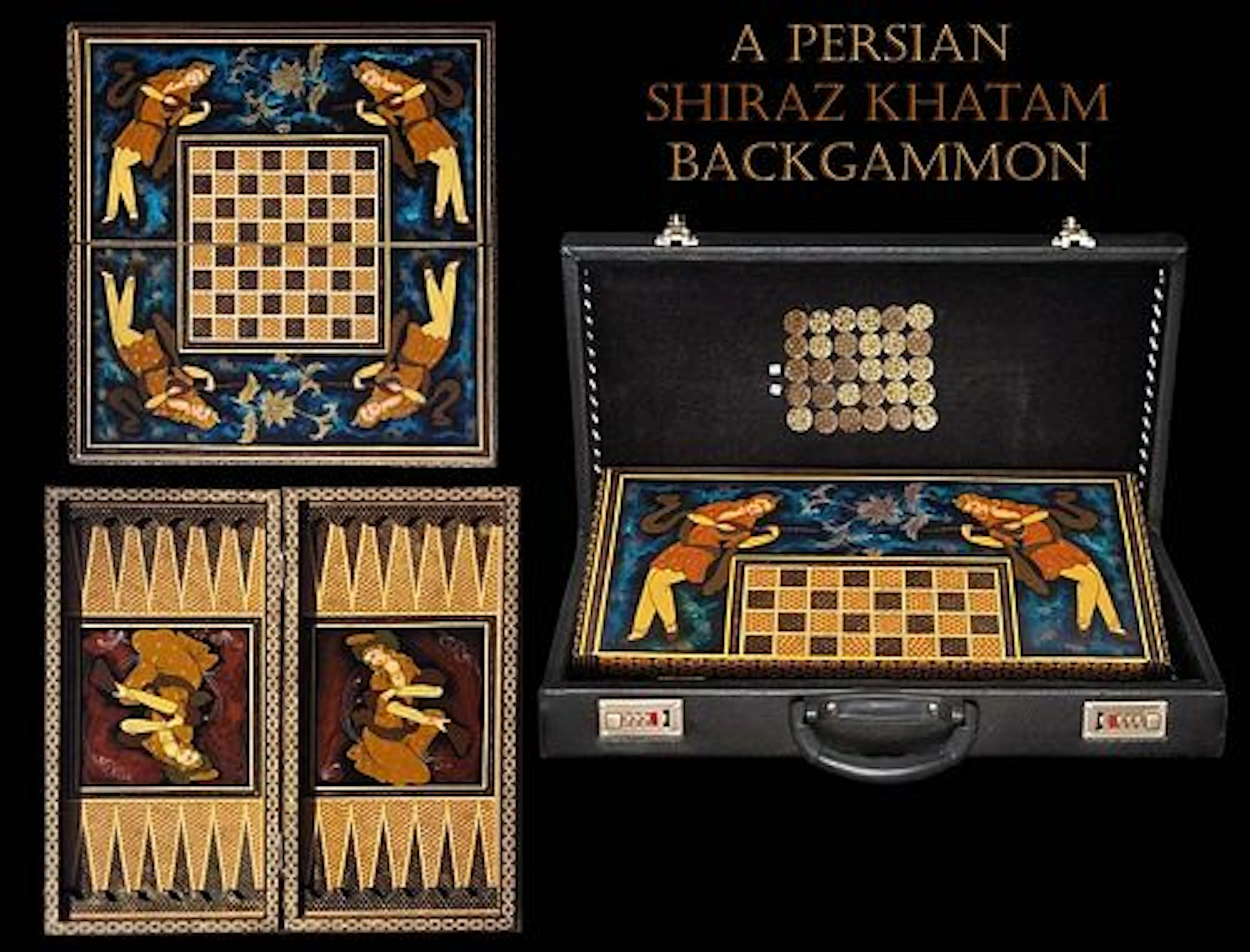 A Persian Shiraz Khatam Inlayed Hand Painted Backgammon Set In Case