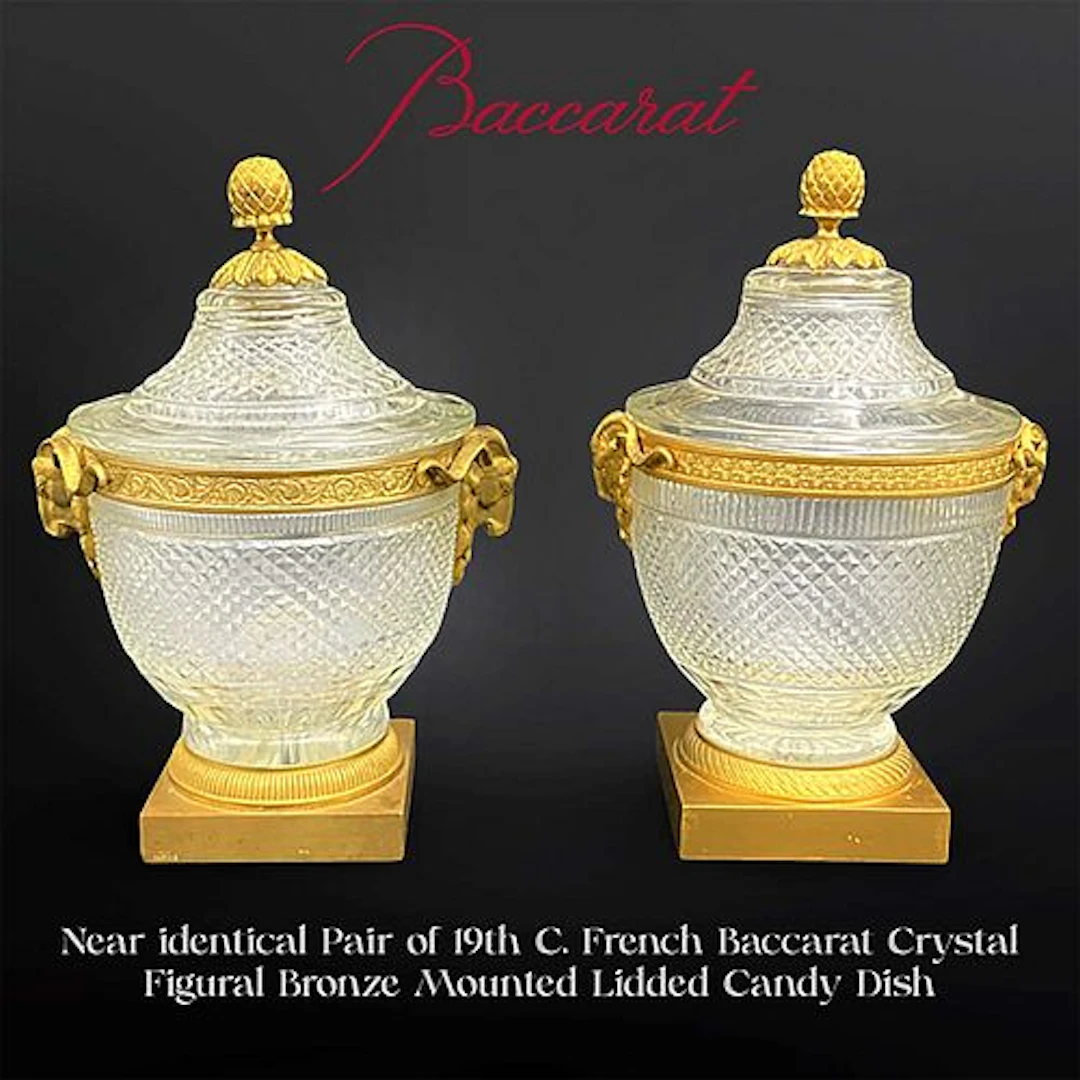 A Near Identical Pair of 19th C. Baccarat Crystal Figural Bronze Lidded