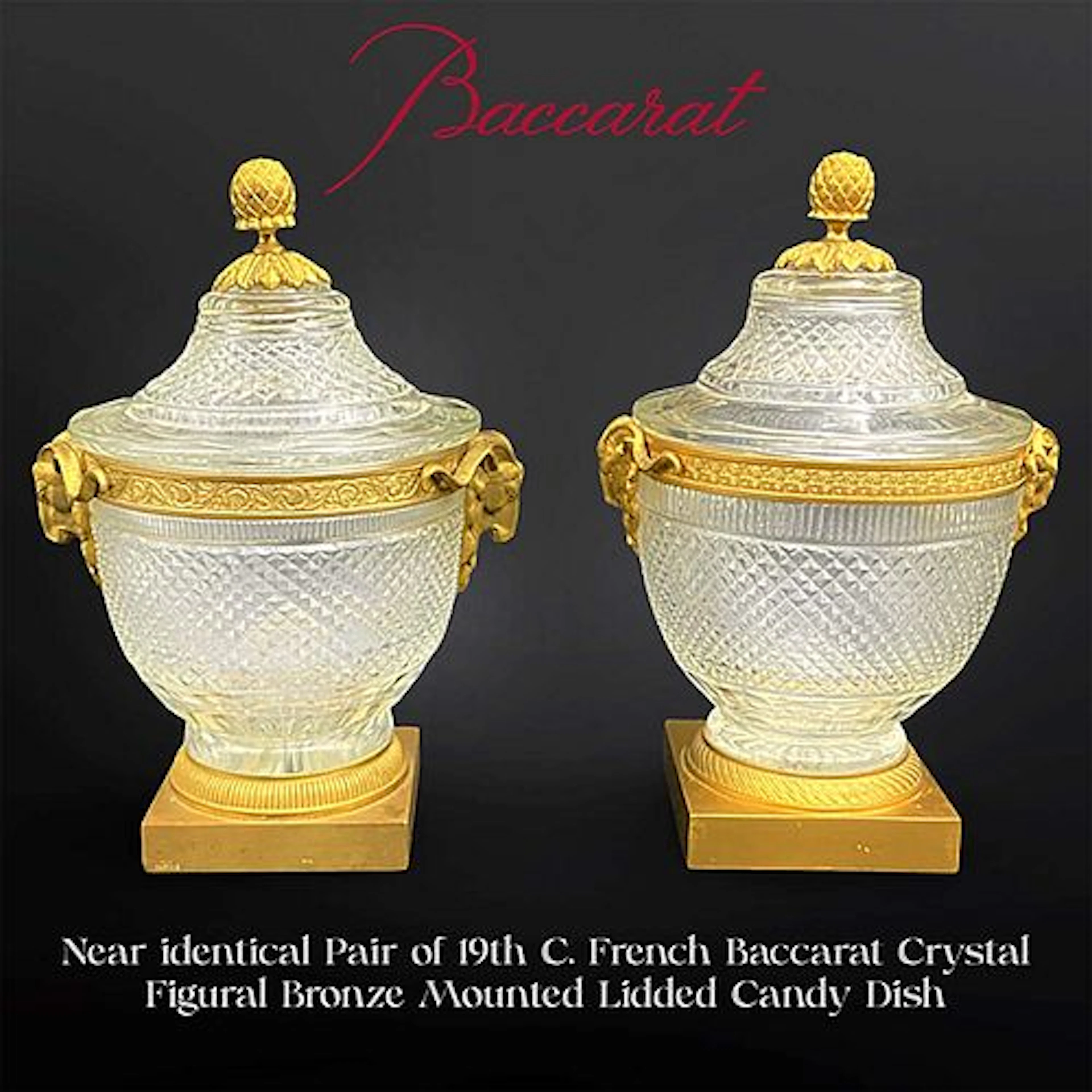 A Near Identical Pair of 19th C. Baccarat Crystal Figural Bronze Lidded