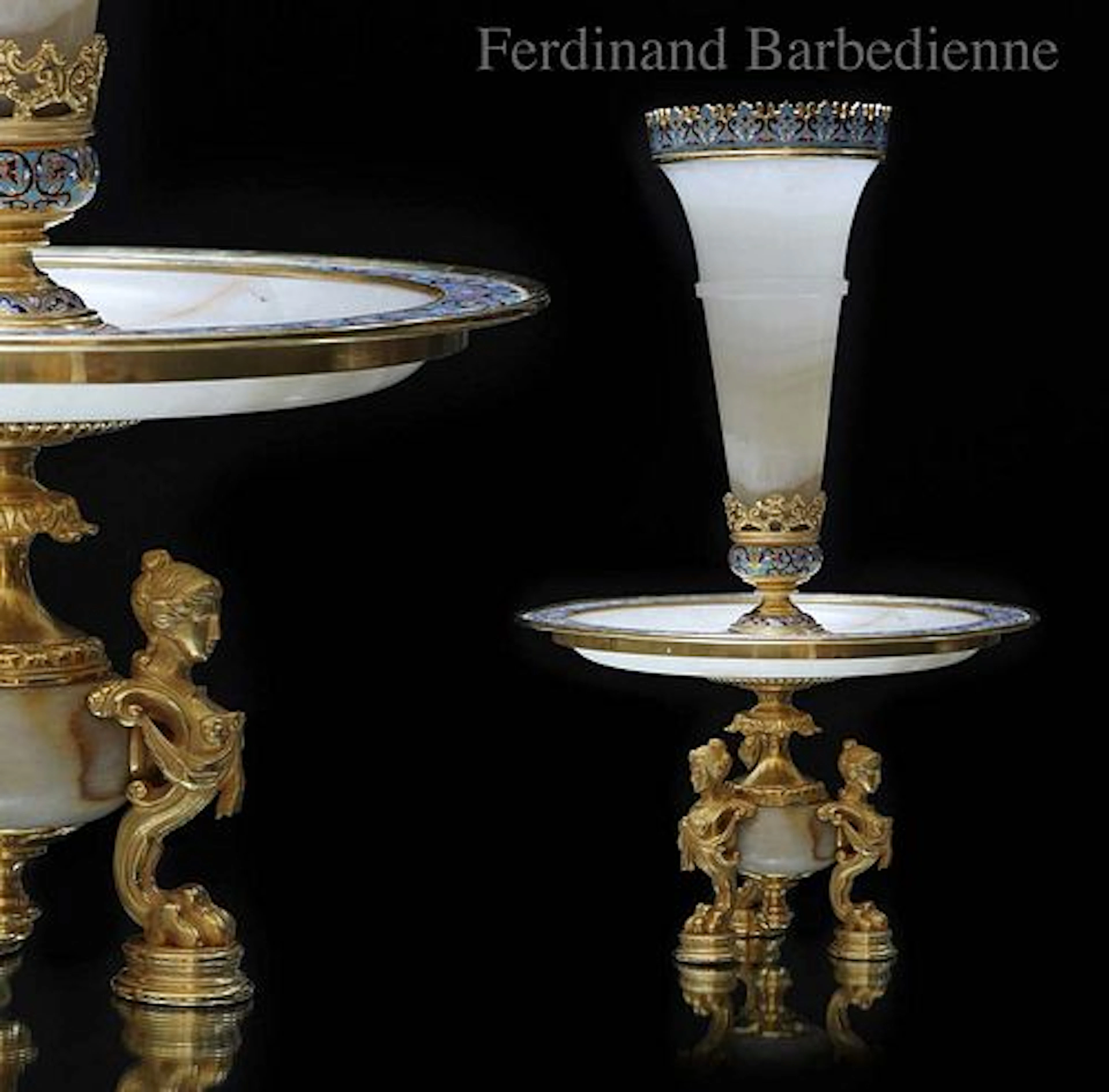19th C. Ferdinand Barbedienne (1810-1892) Champleve Gilt Bronze Onyx