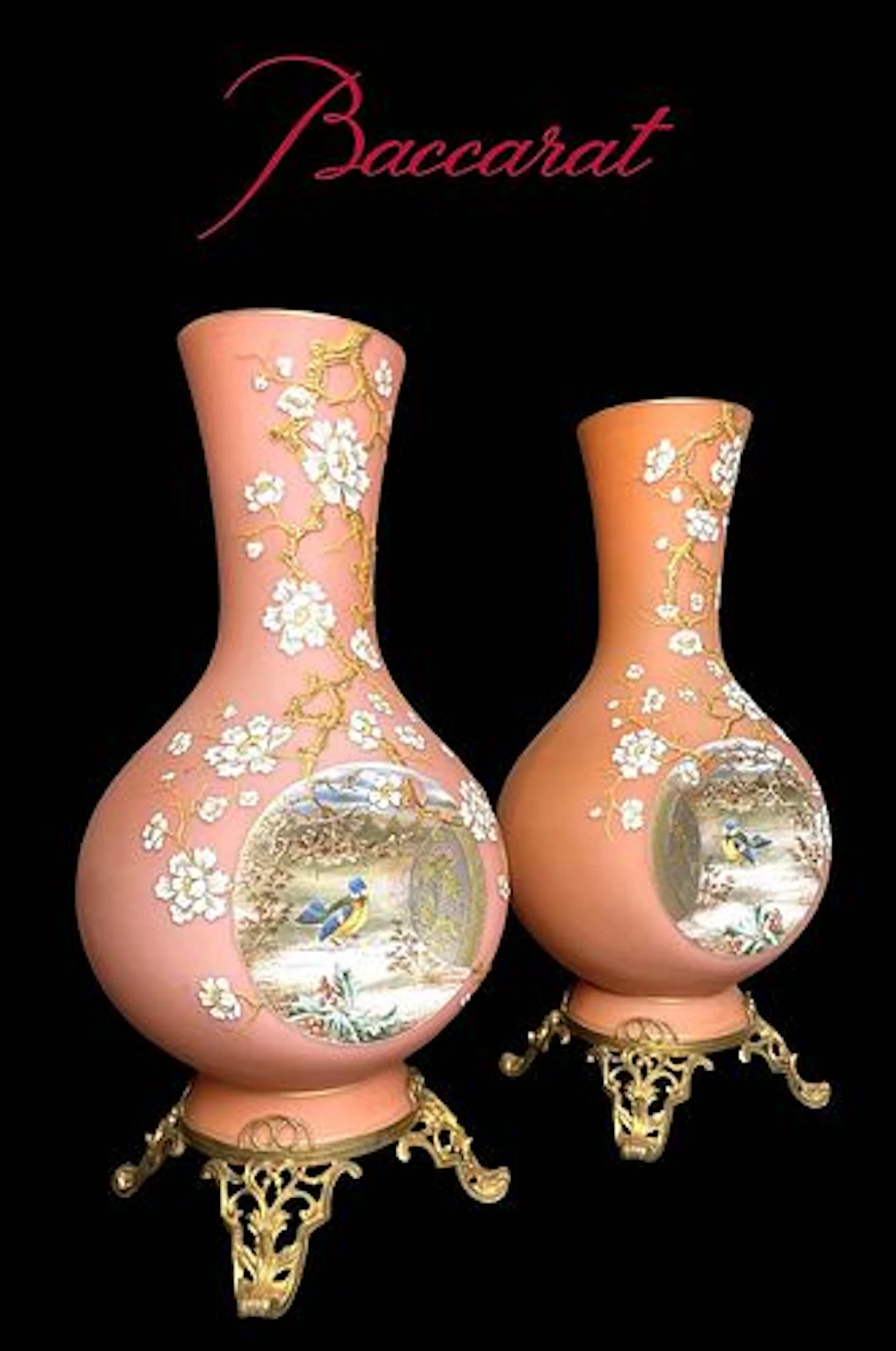 A Fine Large Pair Of 19th C. French Baccarat Hand Painted Opaline Bronze Vases