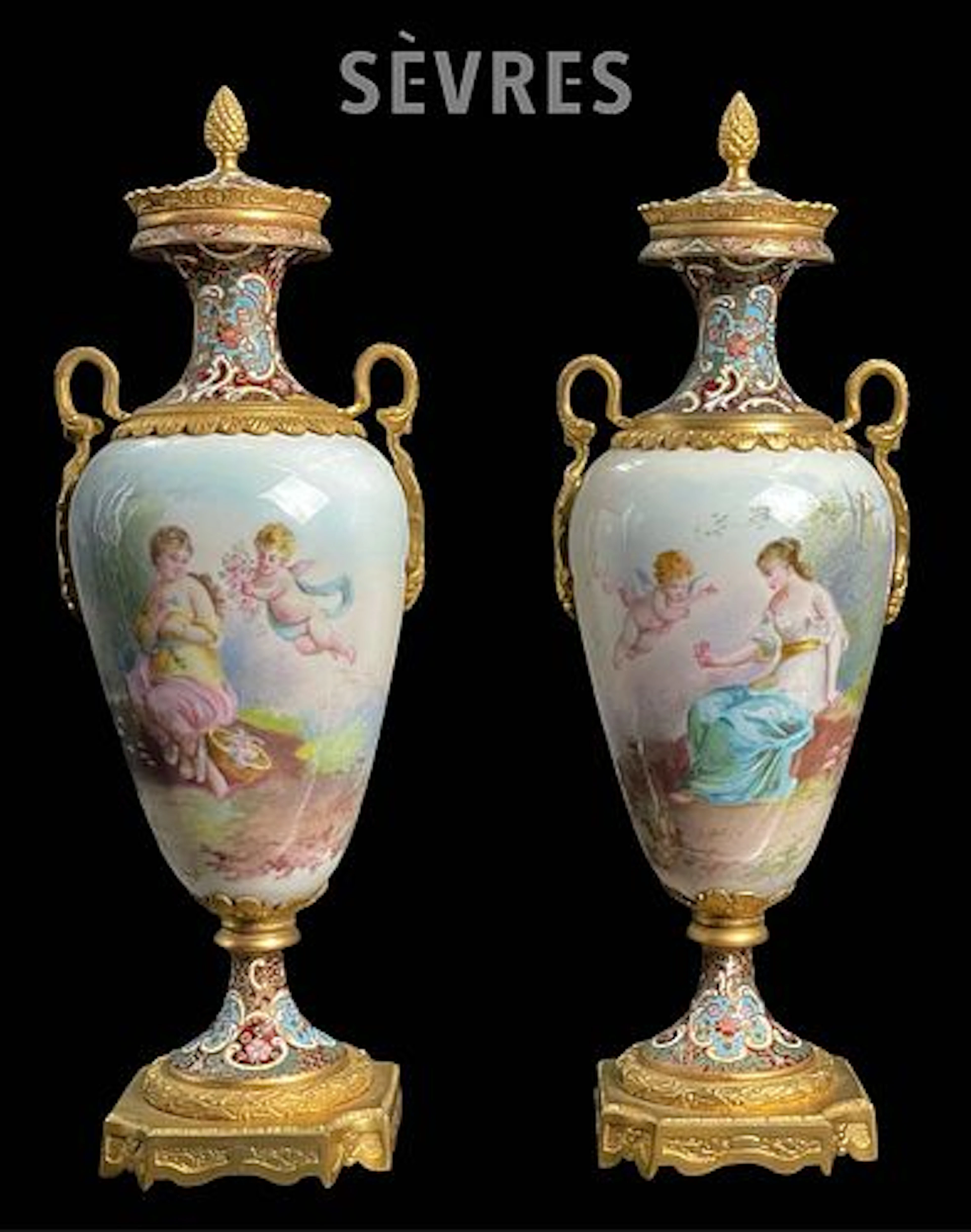A Pair Of 19th C. French Sevres Hand Painted & Signed Porcelain Bronze