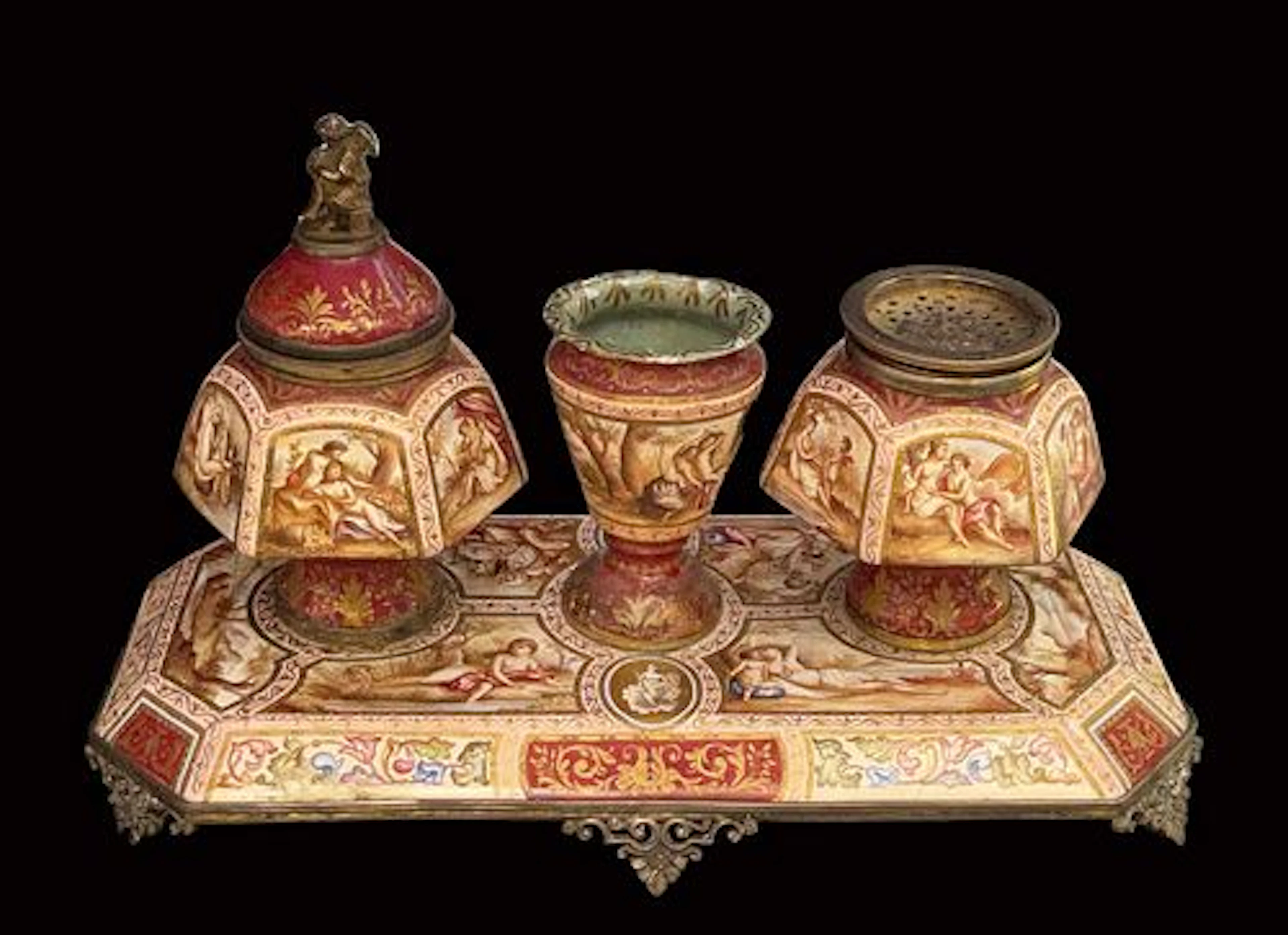 A Fine 19th C. Viennese Enamel On Bronze Inkwell
