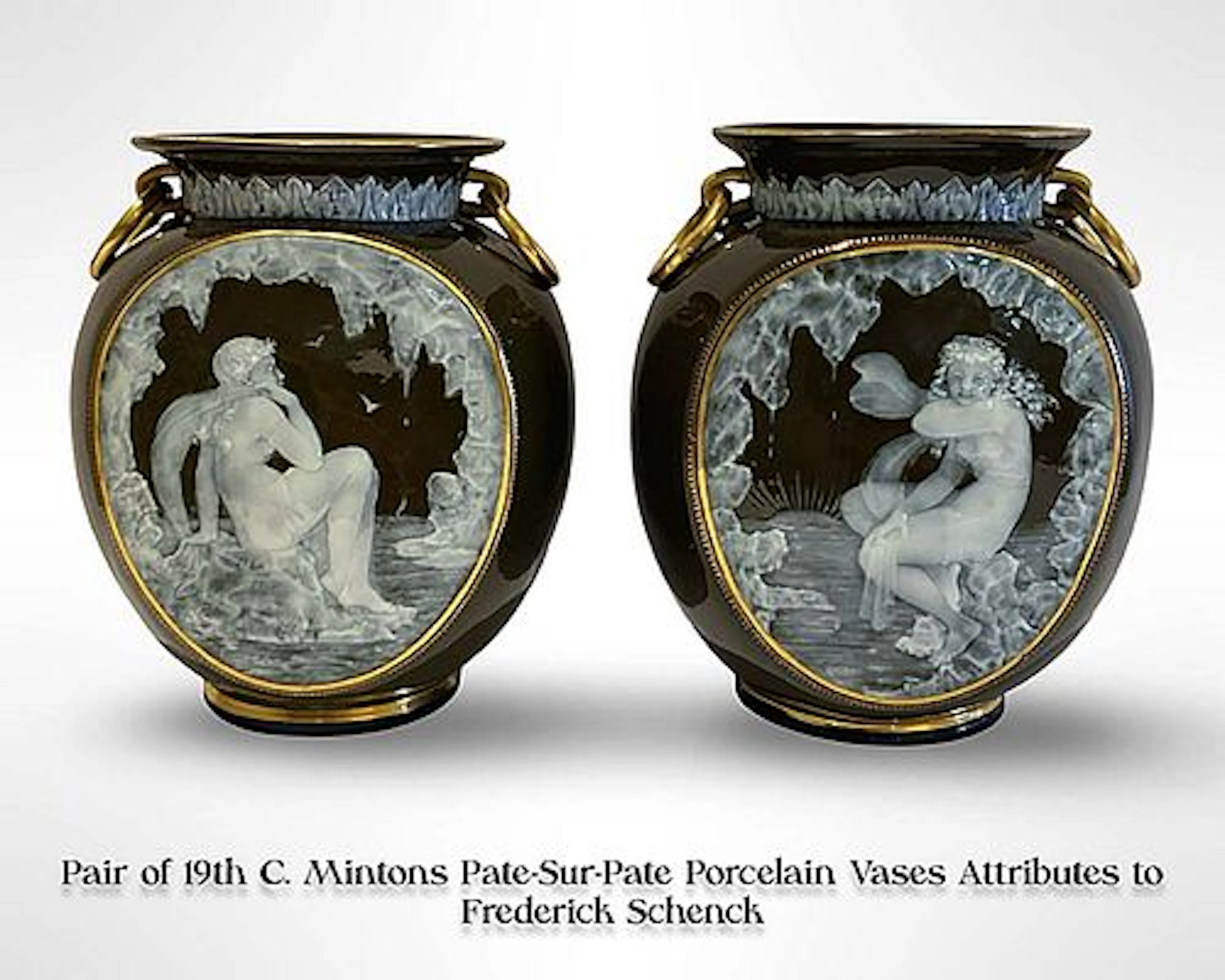 A ?Pair of 19th C. British Mintons Pate-Sur-Pate Porcelain Vases, Hallmarked