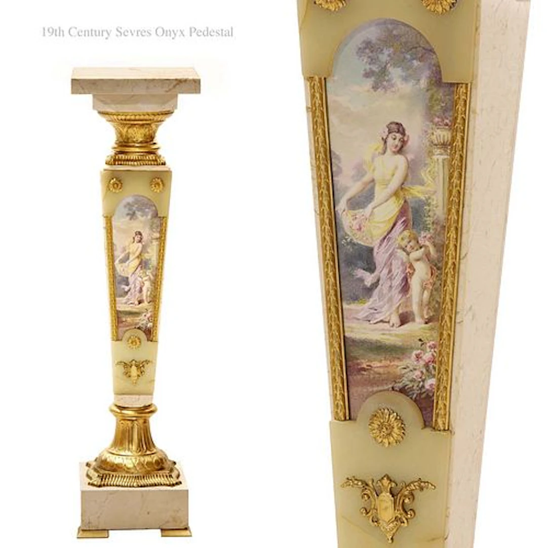 19th C. French Sevres Plaque Bronze Mounted Onyx Pedestal