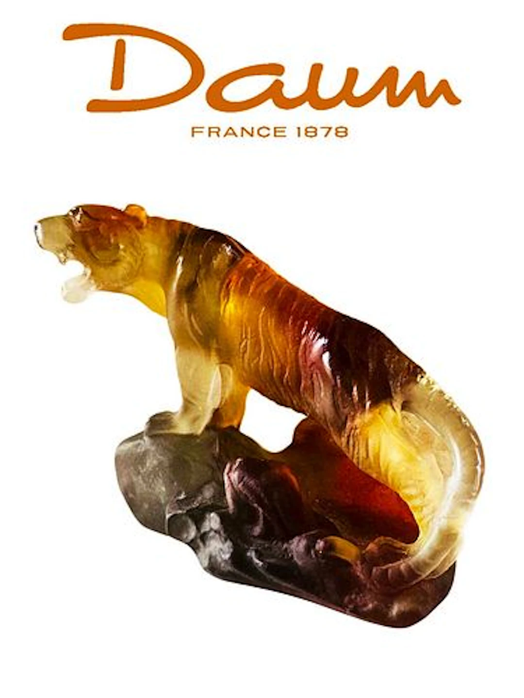A French DAUM Pate de Verre Art Glass Crystal Tiger Figurine, Signed