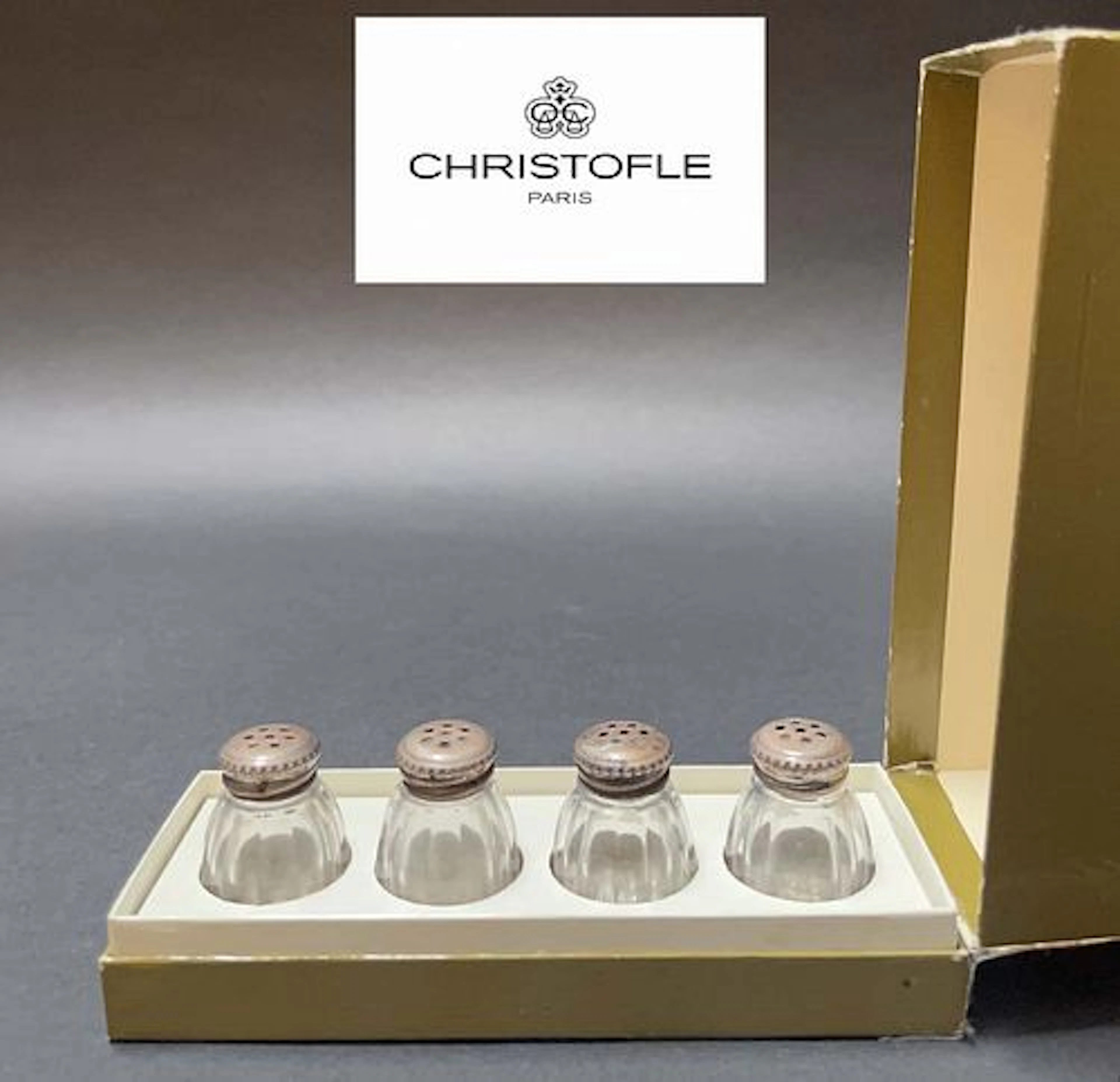 A Set Of Four Christofle Lidded Salt Shakers, Signed & Boxed