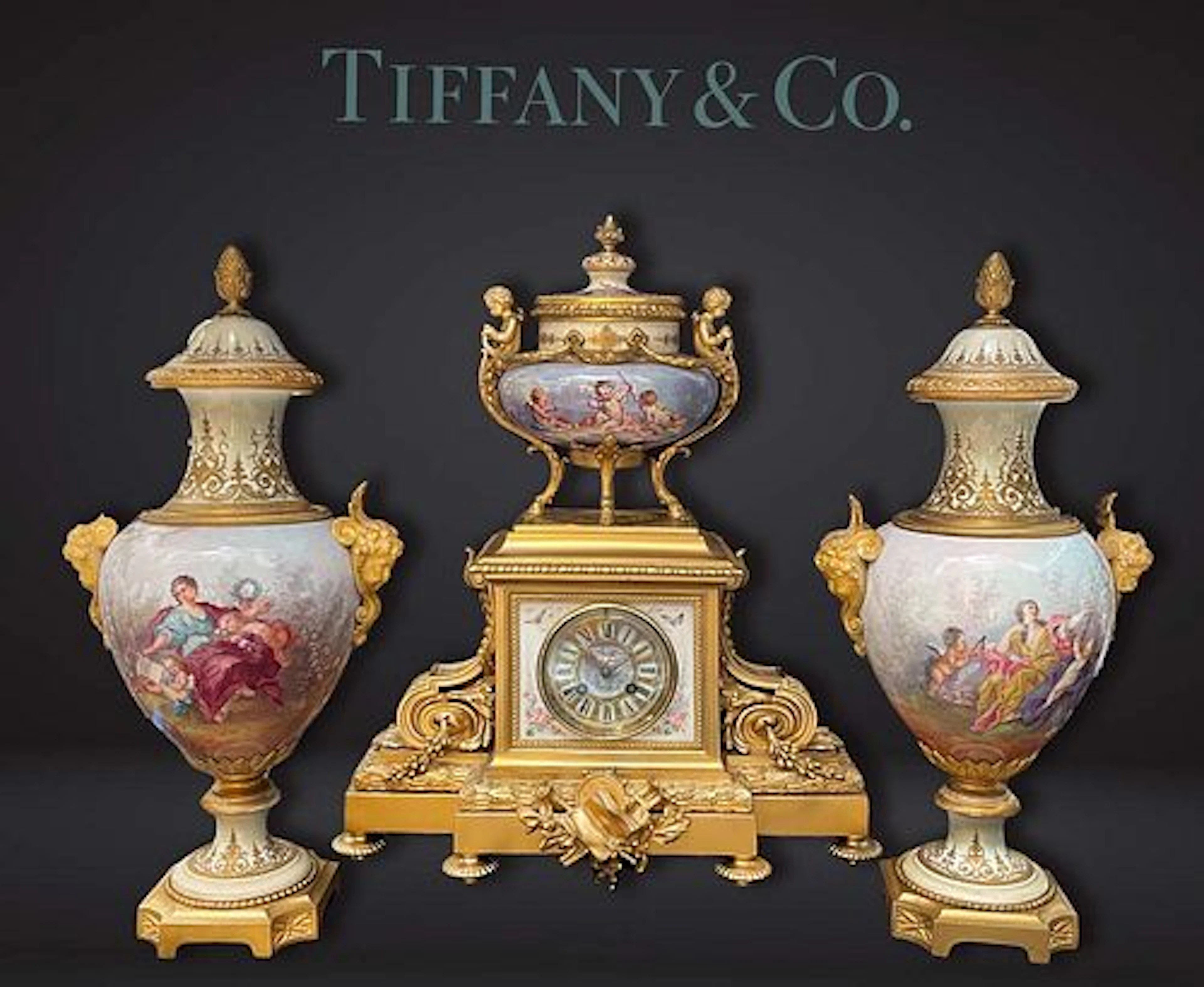 19th C. Tiffany & Co. Sevres Hand Painted Signed L. MALPASS & Bronze Clock Set