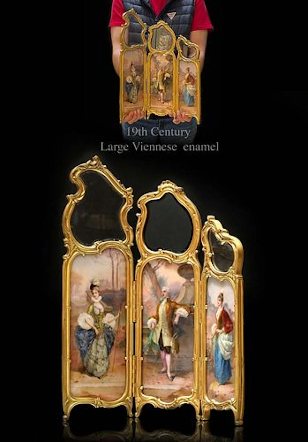 19th C. Viennese Enamel Gilt Bronze Miniature Panel Screen Room Divider