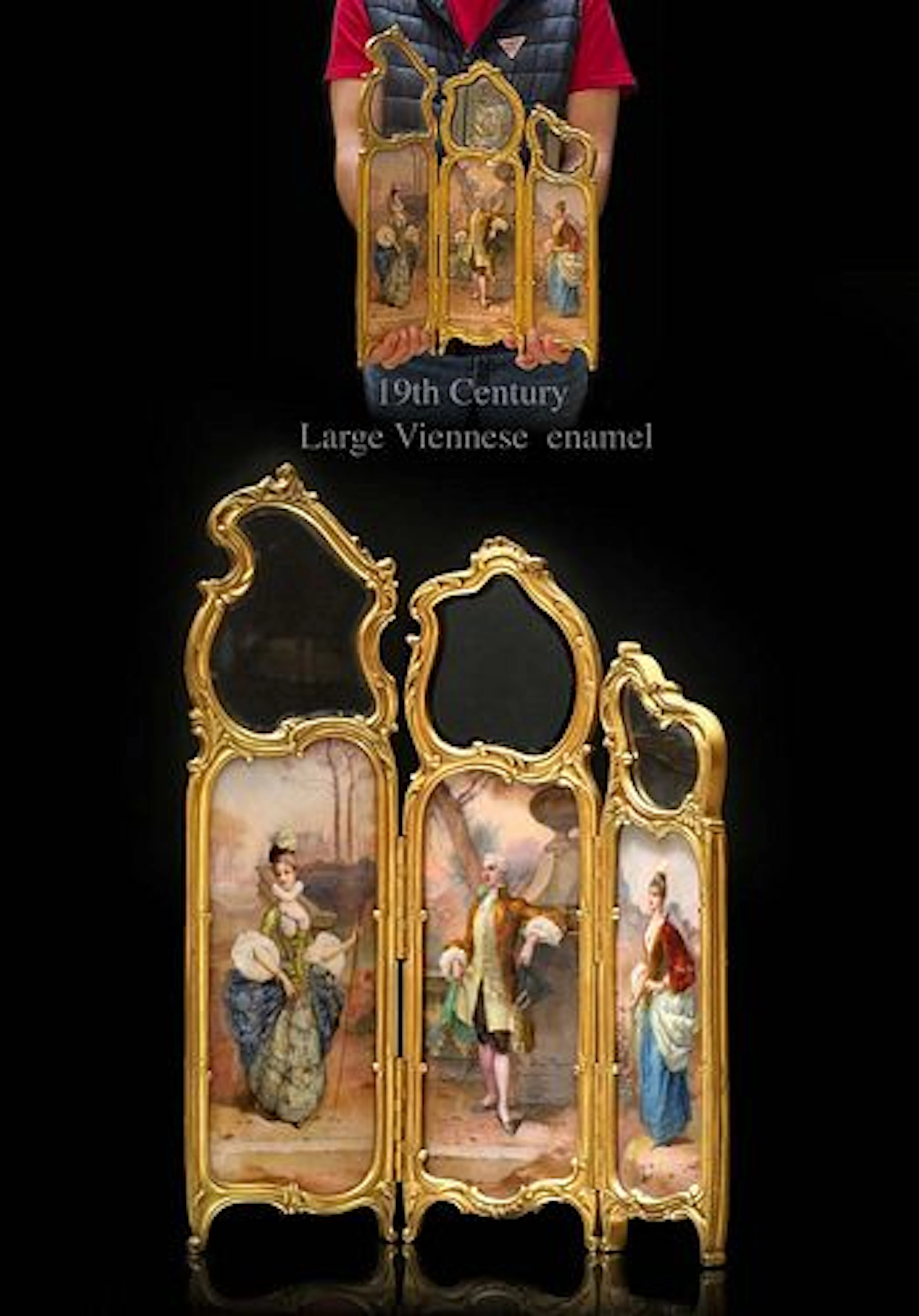 19th C. Viennese Enamel Gilt Bronze Miniature Panel Screen Room Divider
