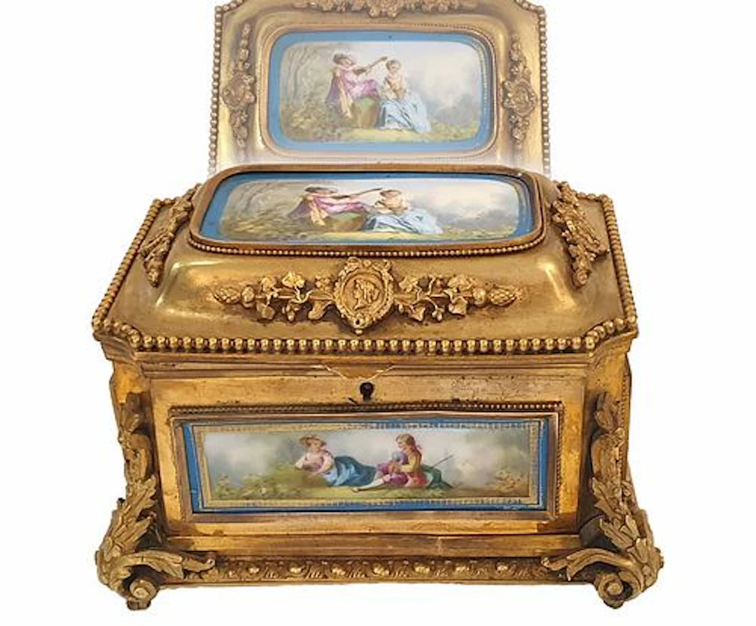 A French Sevres Bronze Hand Painted Porcelain Plaques Jewelry Box