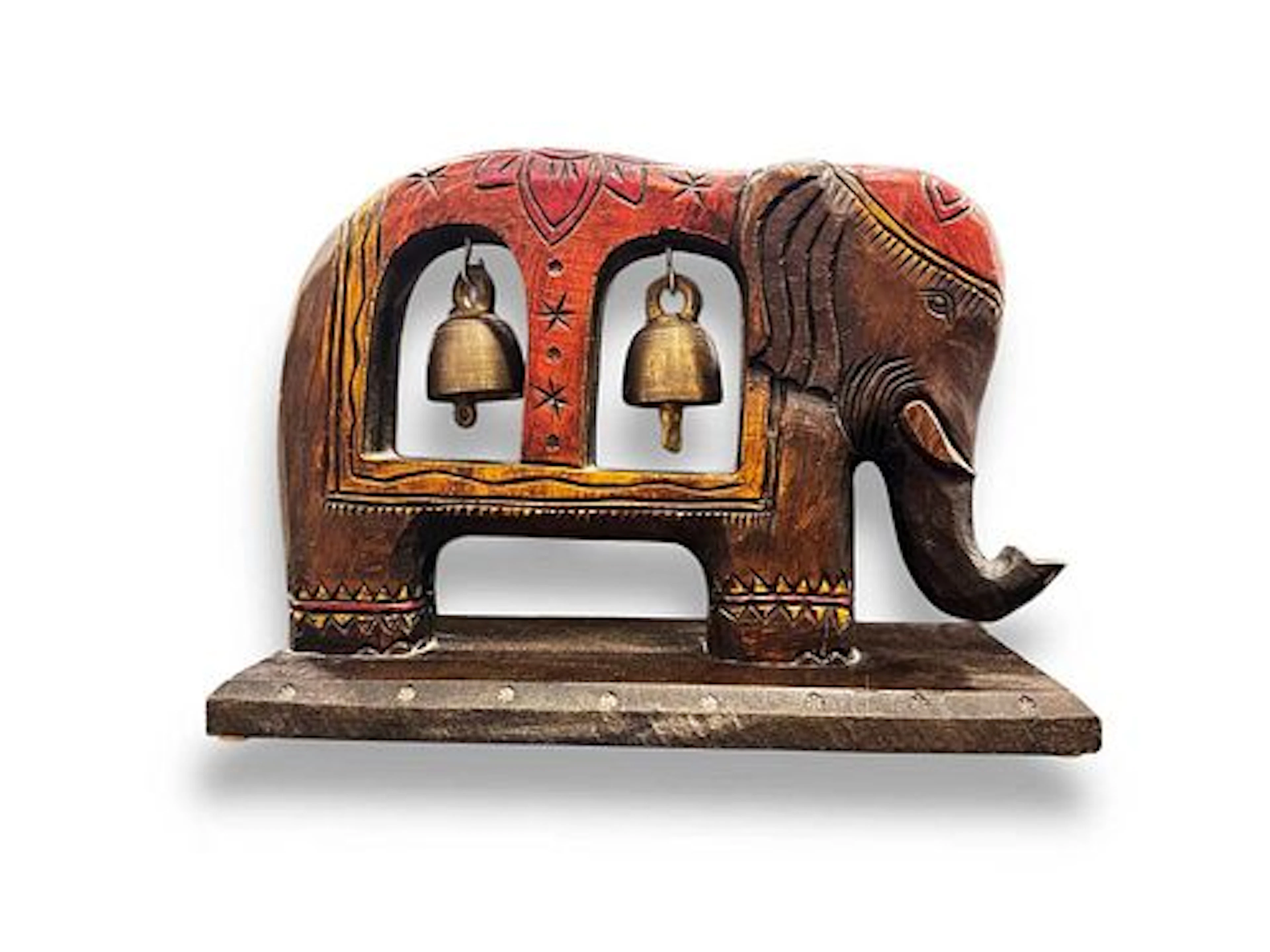A Vintage Wooden Elephant Bronze Bells Sculpture