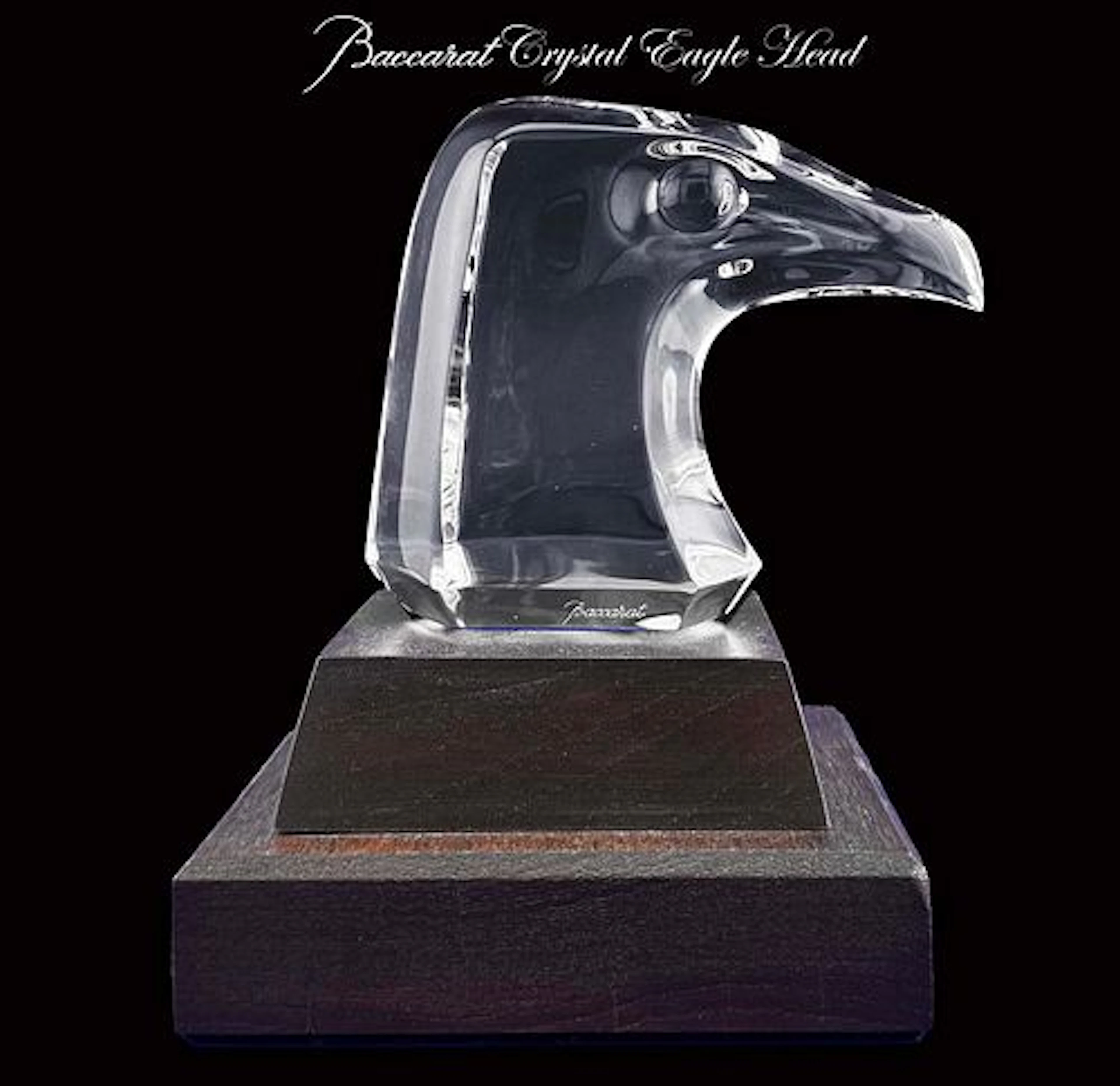 A Vintage BACCARAT Clear Crystal Eagle Head Sculpture on Wooden Base, Signed