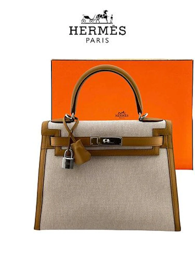 HERMES Kelly 28 Toile & Brown Swift Bag