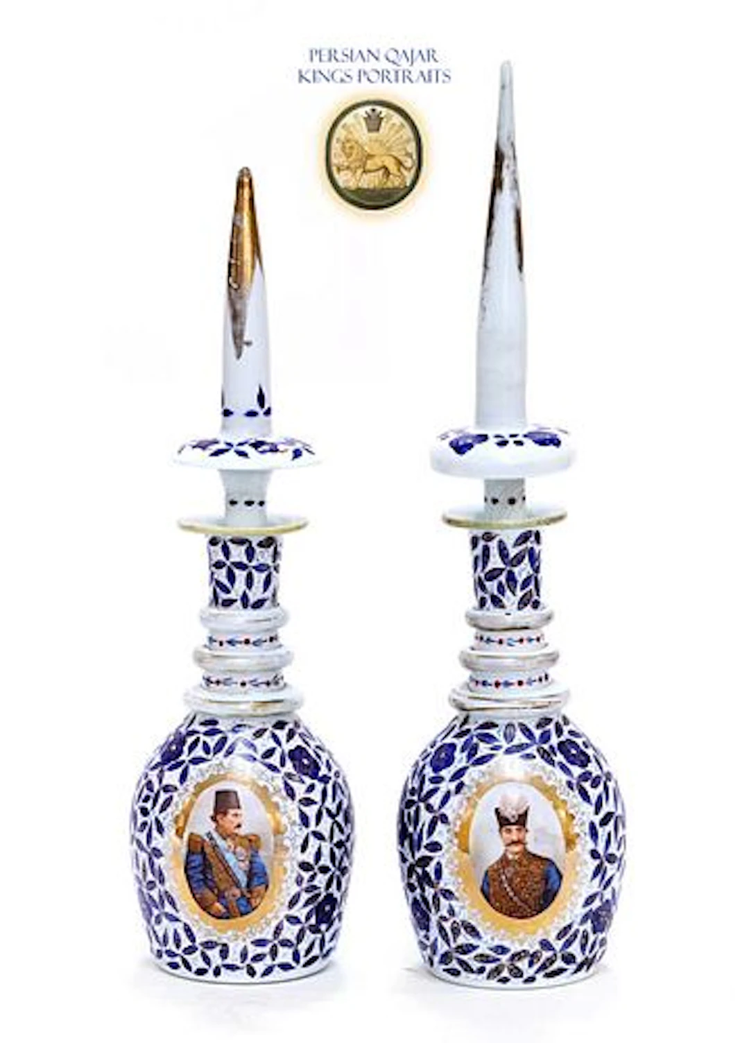 A Near Pair Of 19th C. Iran Qajar Kings Portraits Hand Painted Porcelain