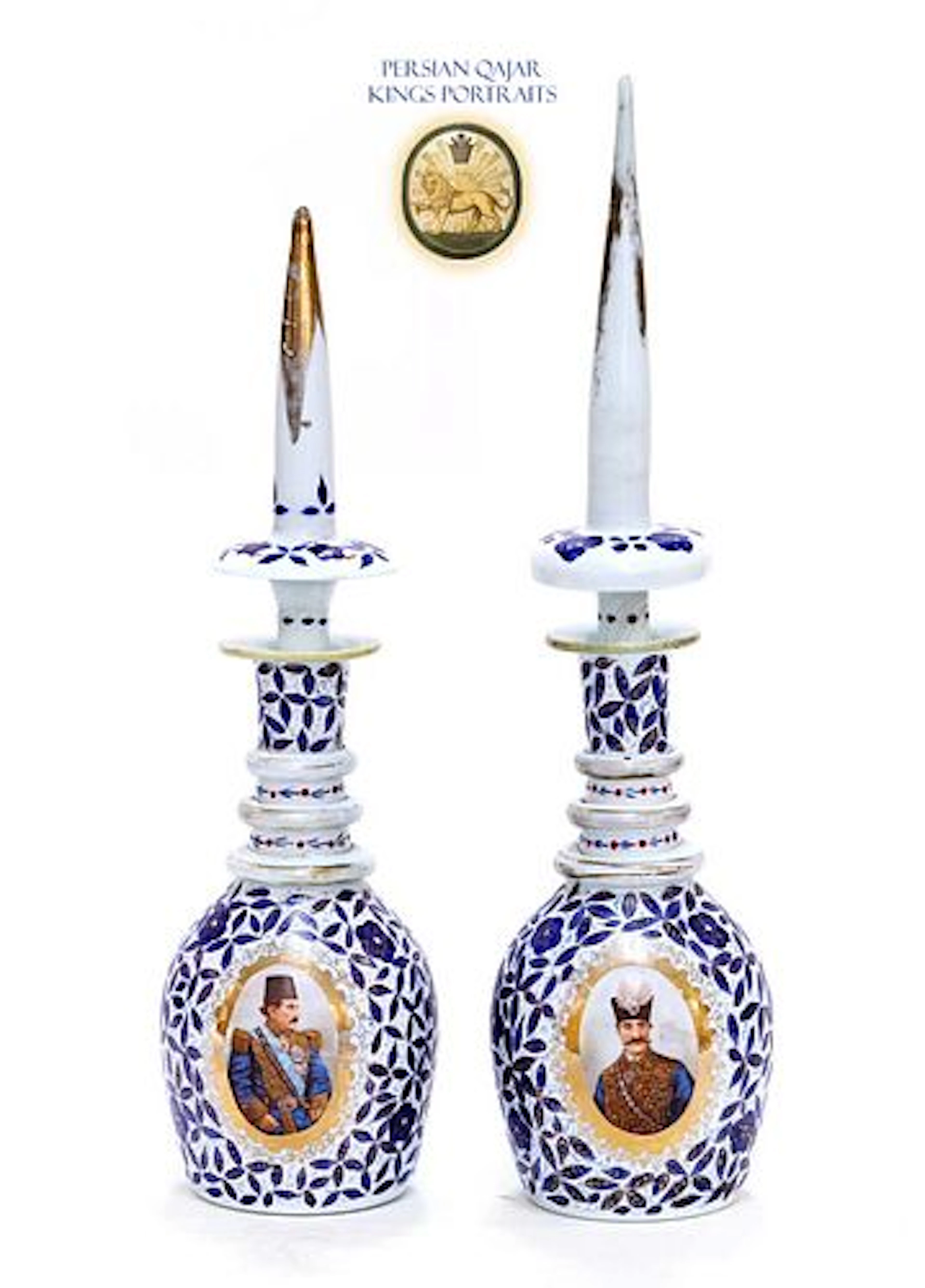 A Near Pair Of 19th C. Iran Qajar Kings Portraits Hand Painted Porcelain