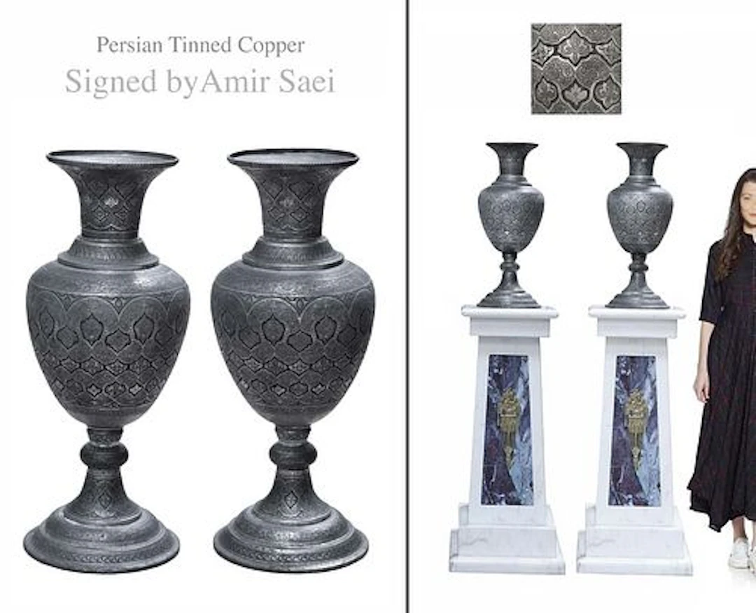 A Pair Of Large Persian Amir Saei Signed Tinned Copper Vases