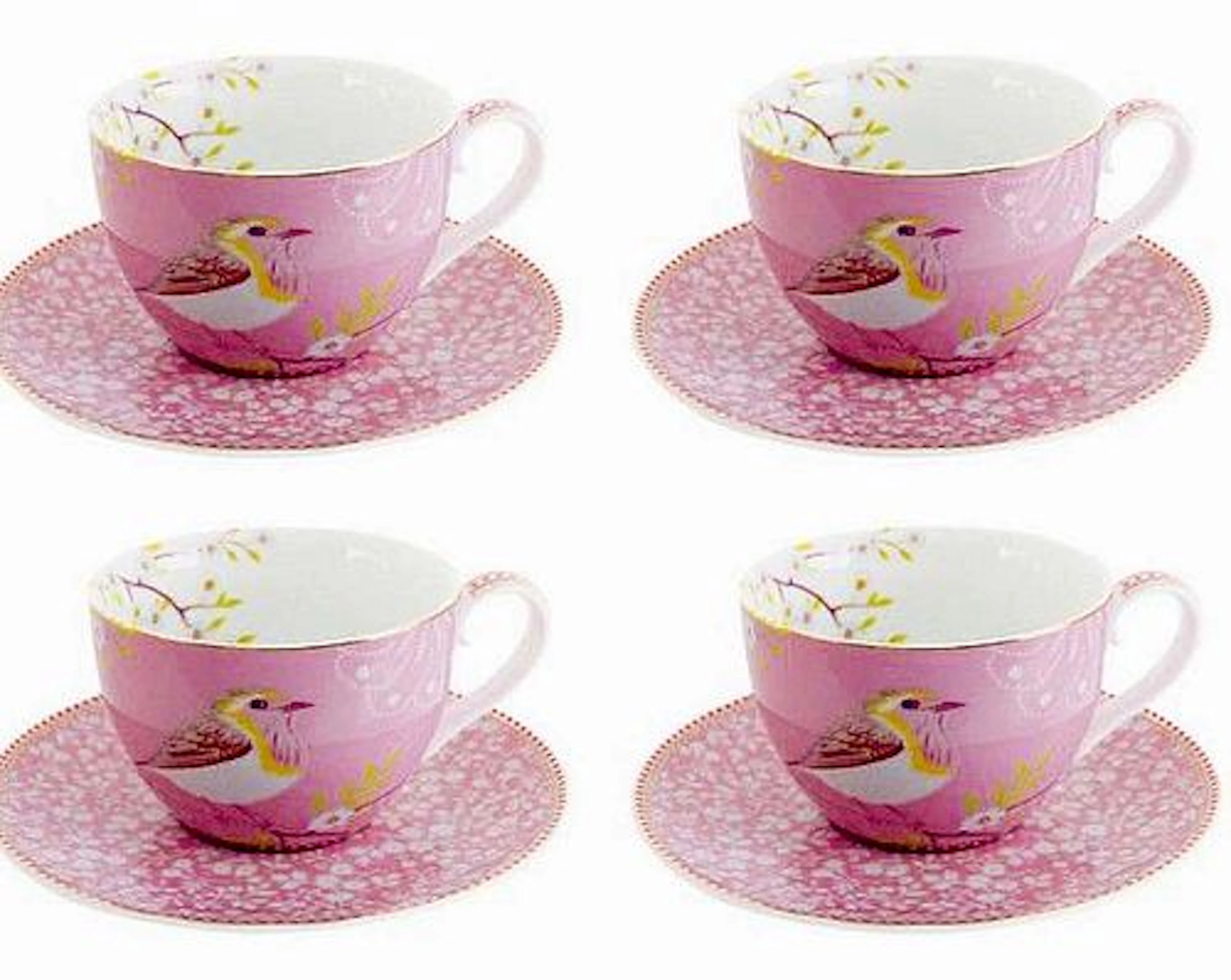A Set of Four Pink Bird Flower Dogwood Branches Porcelain Cup & Saucer