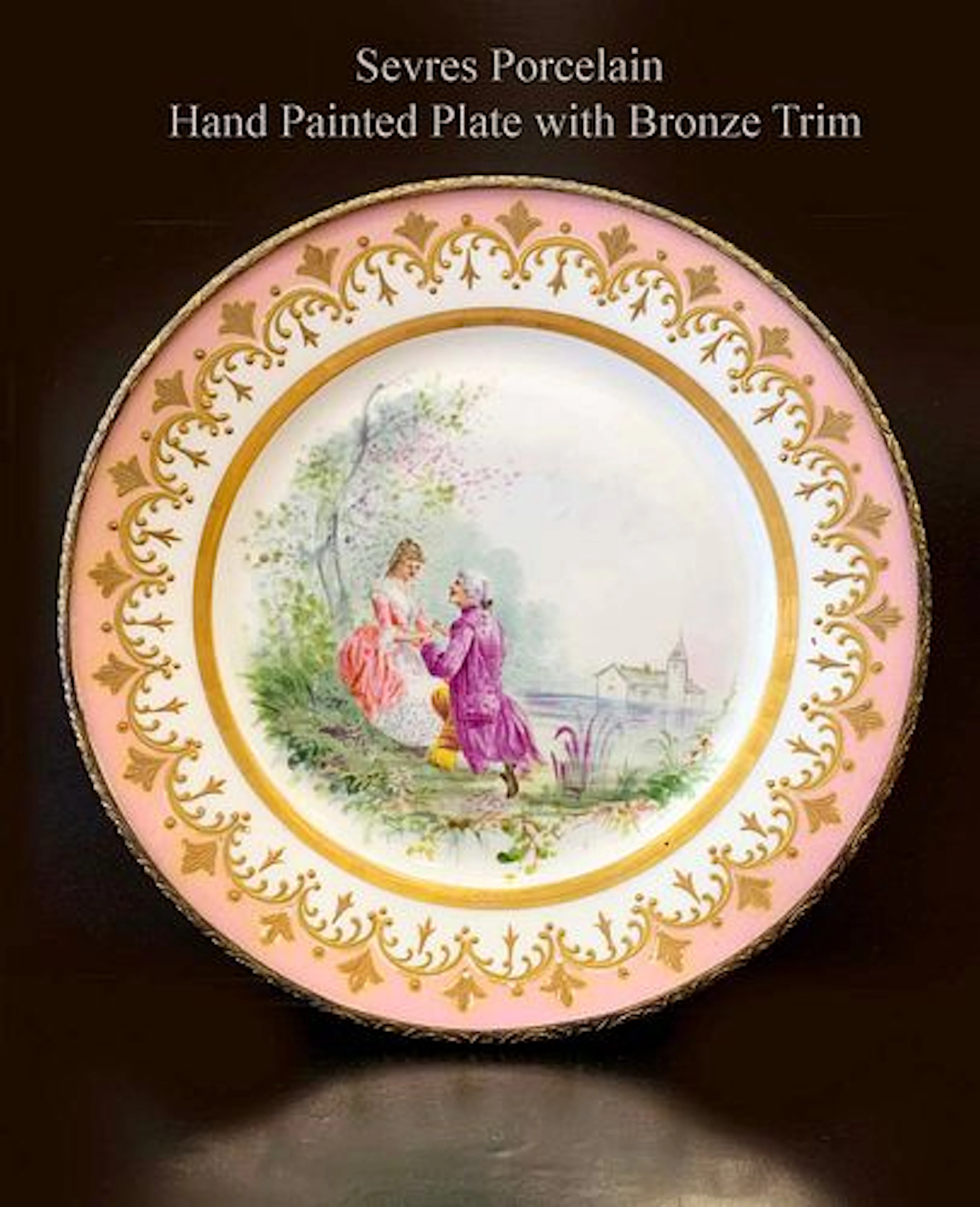 19th C. French Sevres Hand painted Porcelain Bronze Trimmed Plate, Signed