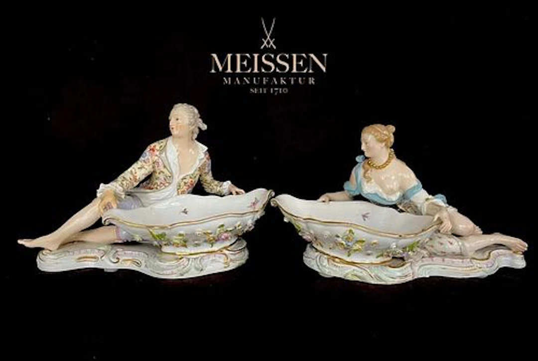 A Pair Of Large 19th C. German Meissen Figural Candy Dishes, Hallmarked