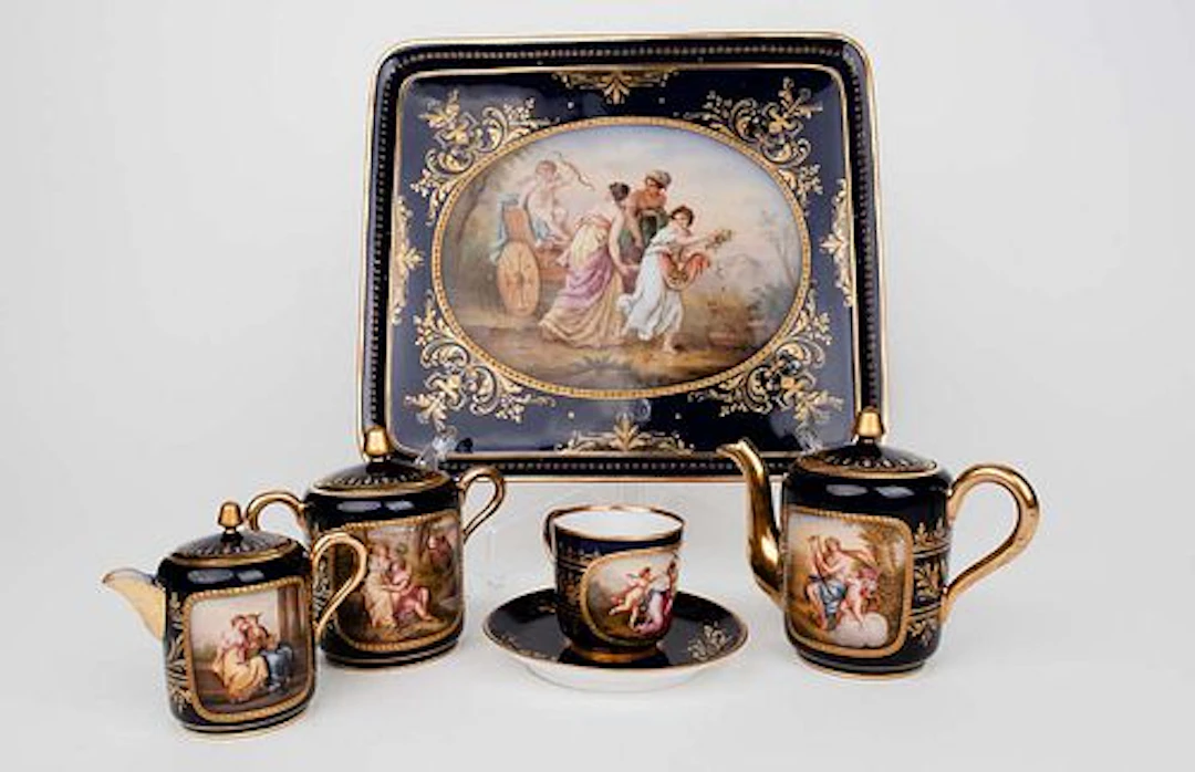 19th C. Royal Vienna Hand Painted Cobalt Porcelain Tea Set, Hallmarked